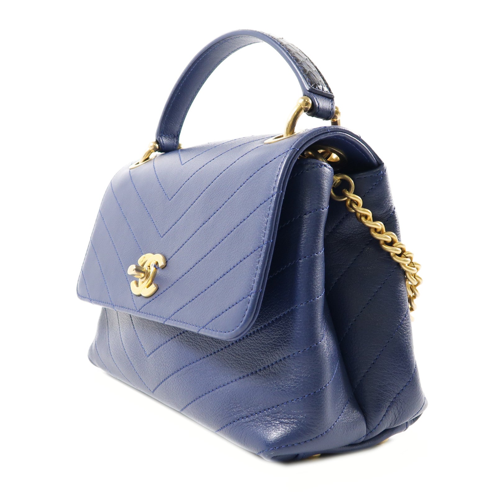 CHANEL 牛皮皮革/蛇皮Coco Handle金扣手挽肩背兩用袋深藍色
