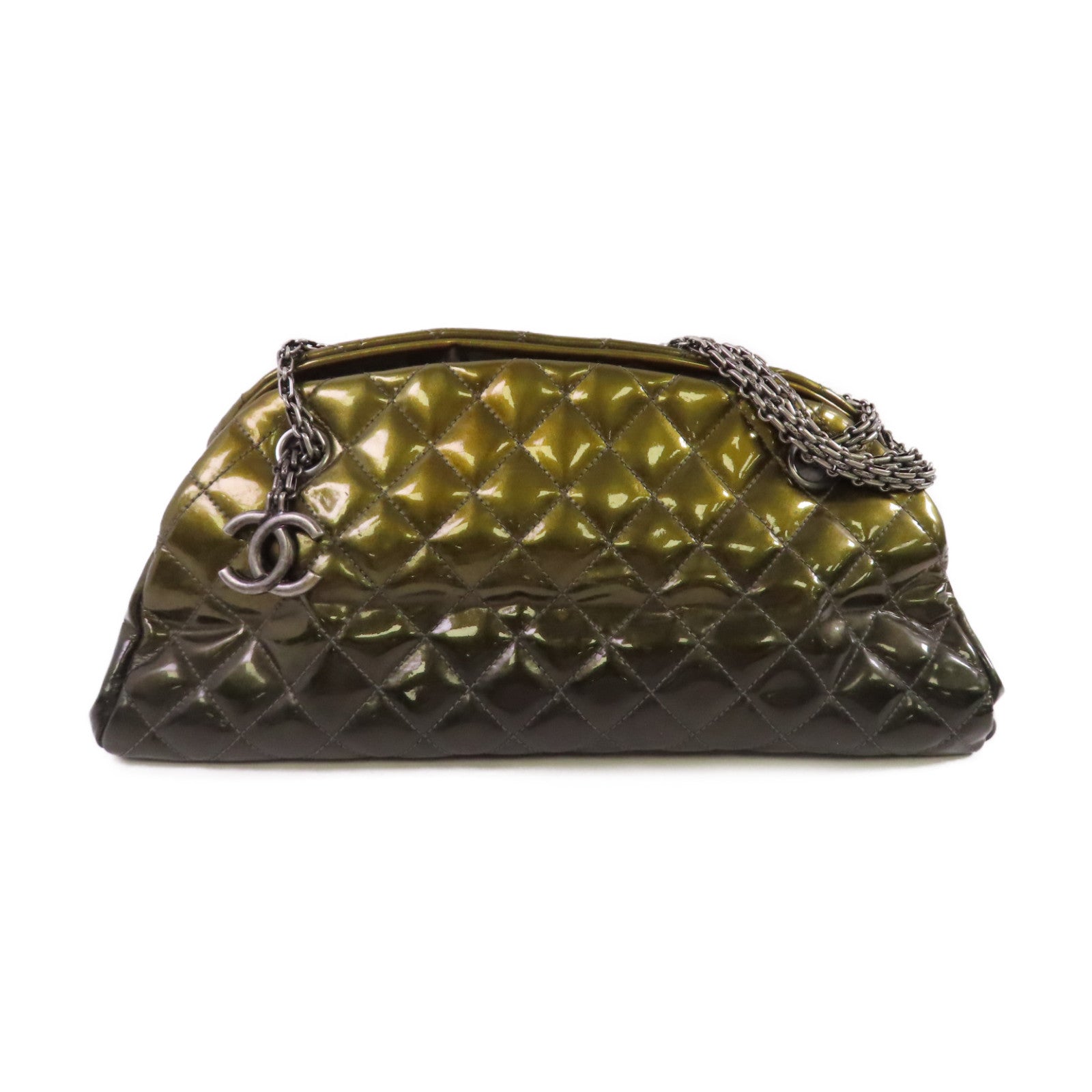 CHANEL 【激減優惠】菱格漆皮皮革Chain Shoulder Bag銀扣鏈帶肩背袋金黃色/軍綠色