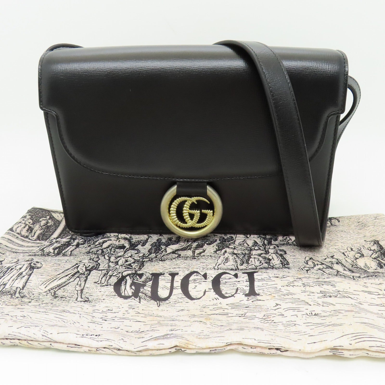 GUCCI 【清倉大減價】牛皮皮革Shoulder Bag金扣肩背袋黑色