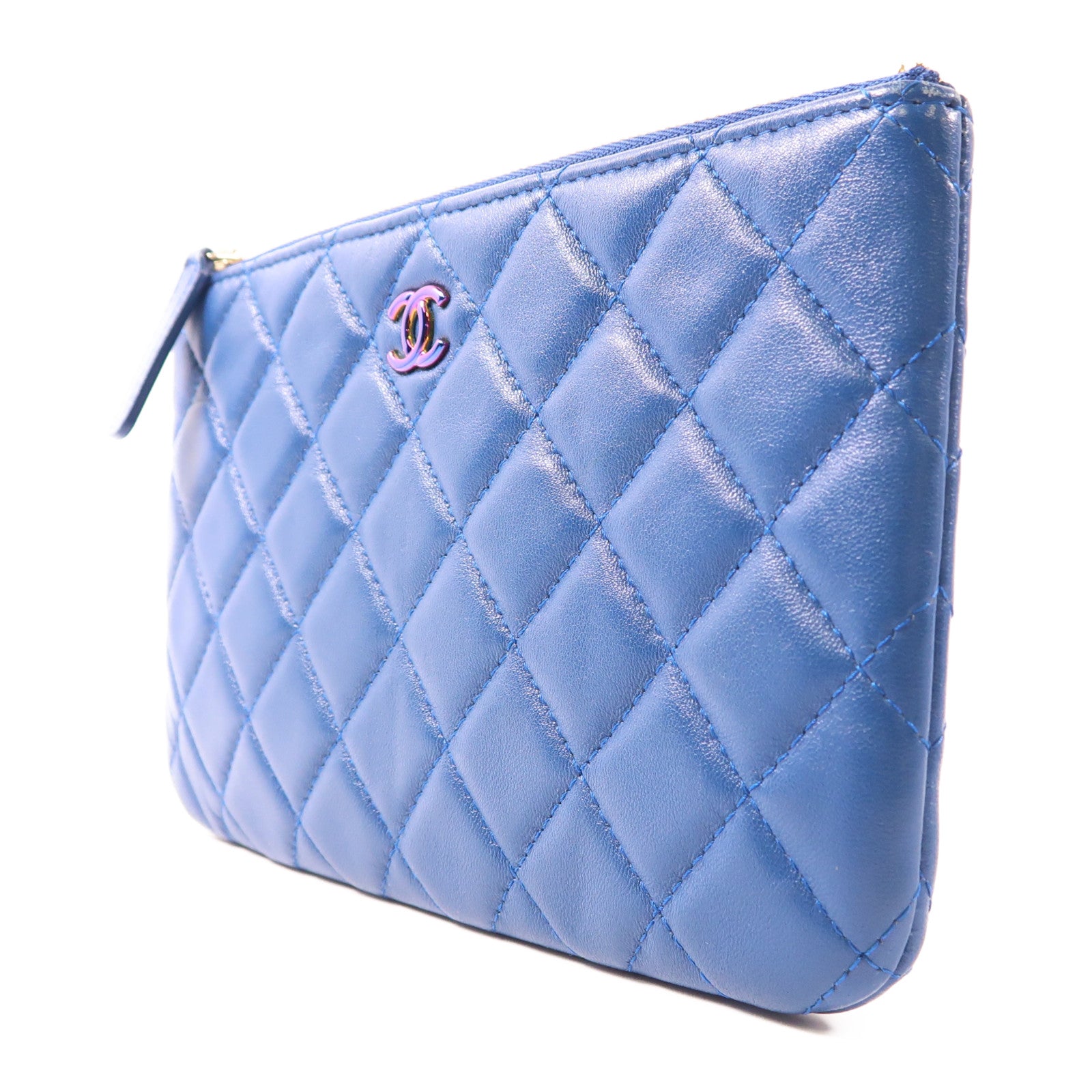 CHANEL 羊皮皮革Pouch Wallet金扣手拿包/長錢包藍色