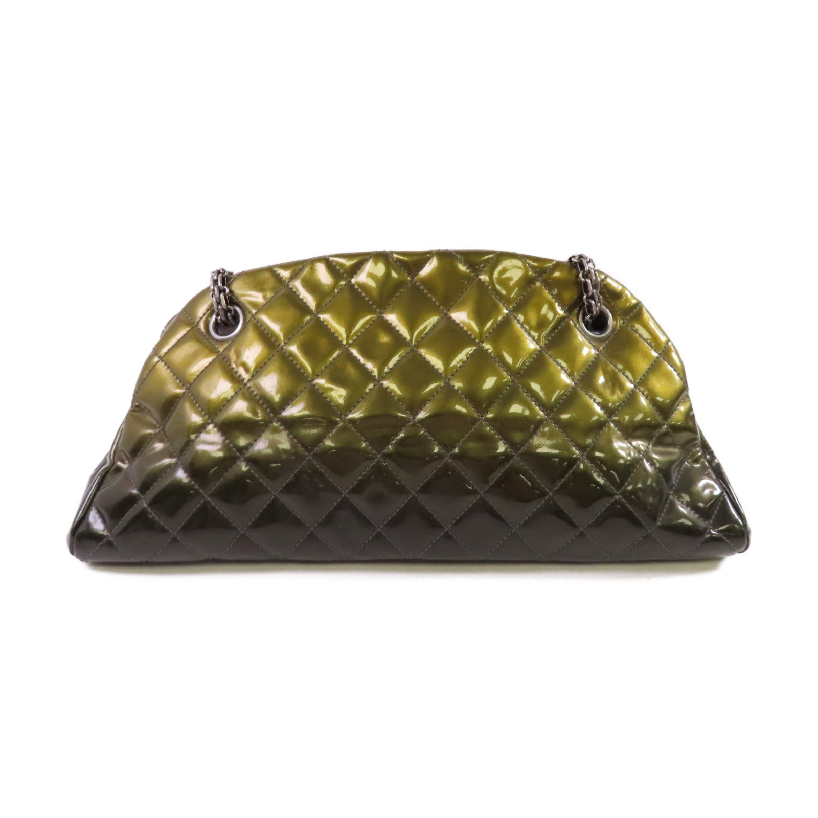 CHANEL 【激減優惠】菱格漆皮皮革Chain Shoulder Bag銀扣鏈帶肩背袋金黃色/軍綠色