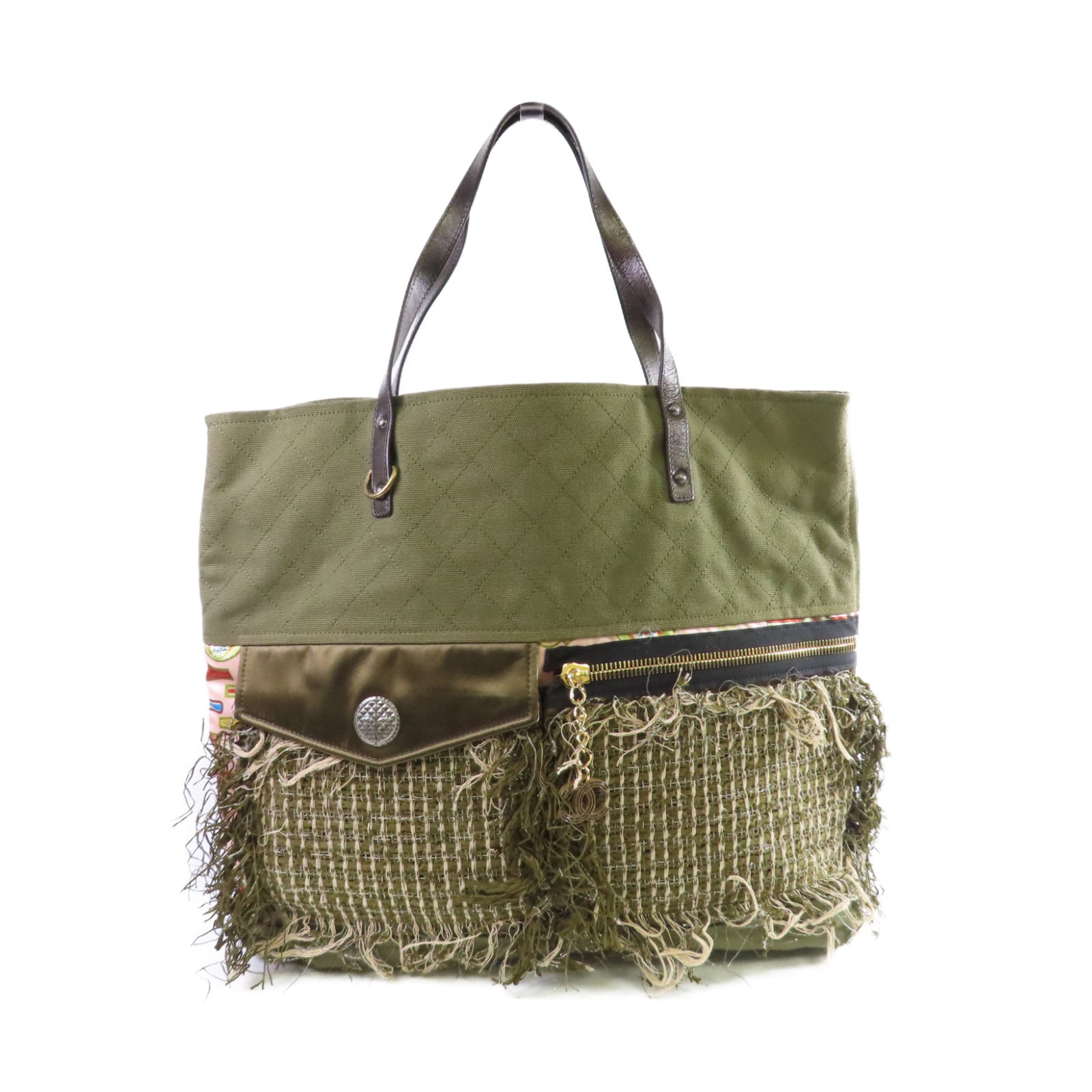 CHANEL 【激減優惠】菱格帆布Tote Bag金扣肩背袋綠色