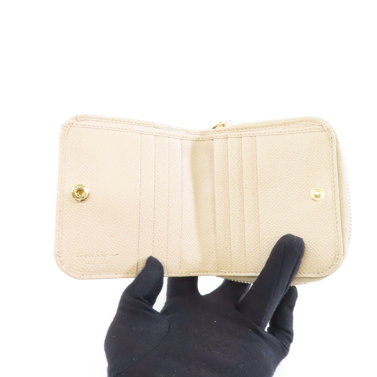 Salvatore Ferragamo 牛皮皮革Zipped Wallet金扣錢包米色