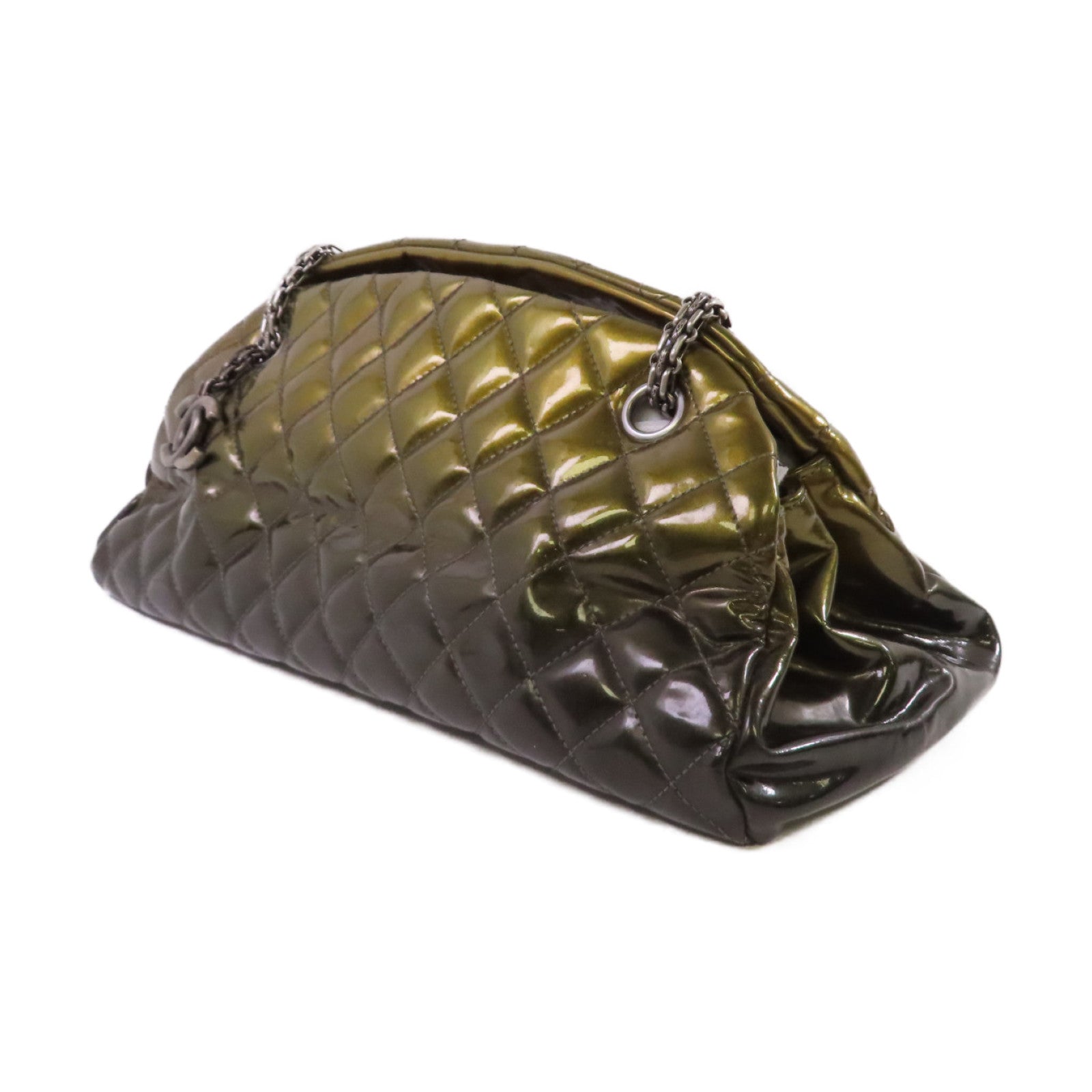 CHANEL 【激減優惠】菱格漆皮皮革Chain Shoulder Bag銀扣鏈帶肩背袋金黃色/軍綠色