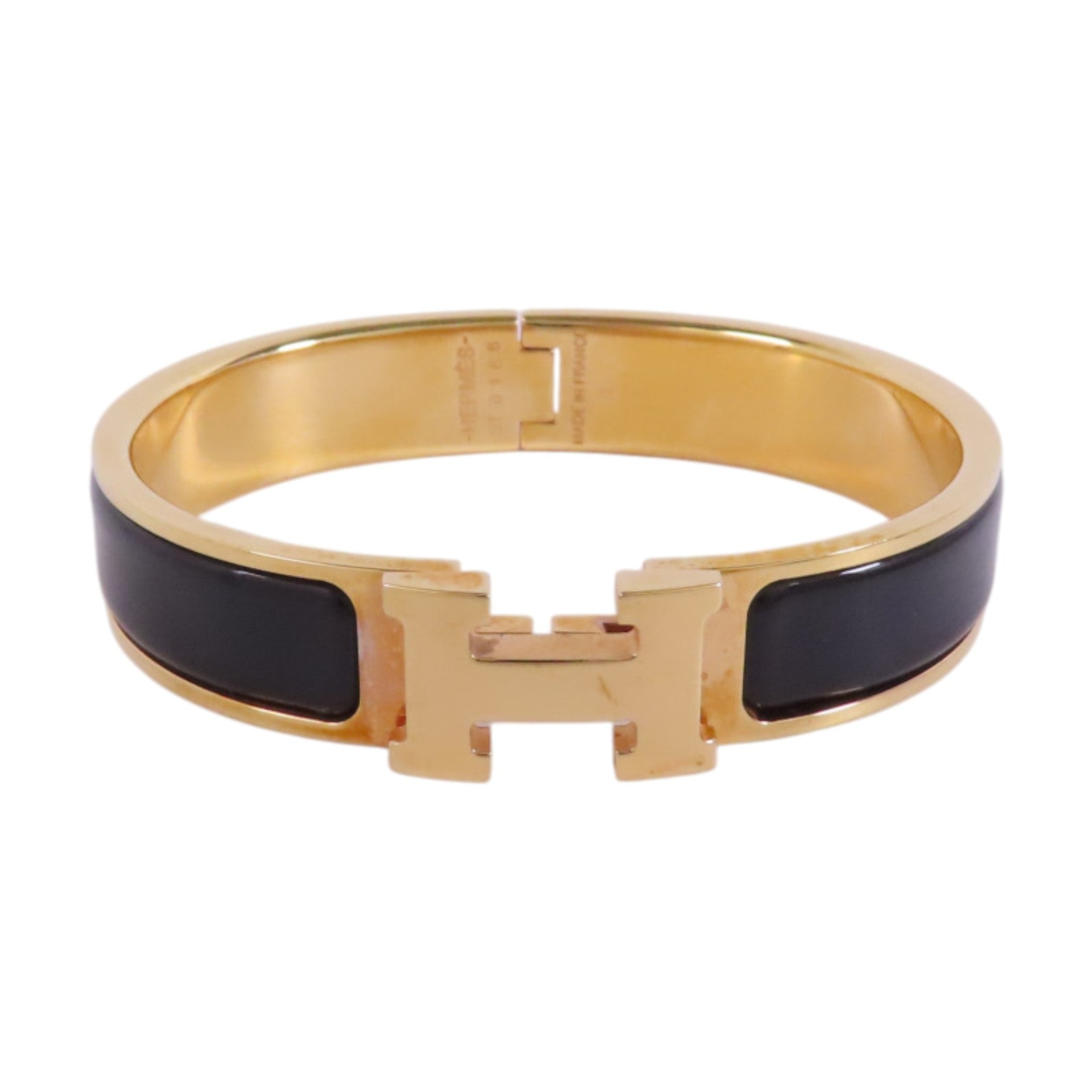 HERMES GHW Clic-Clac H Bracelet Bangle Metal Enamel Black