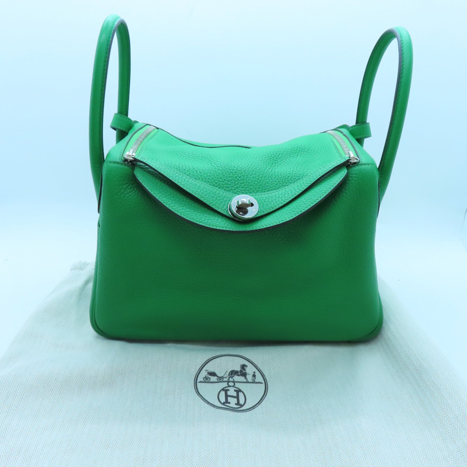 HERMES Clemence皮革Lindy 30銀扣手挽肩背兩用袋Bambou/綠色
