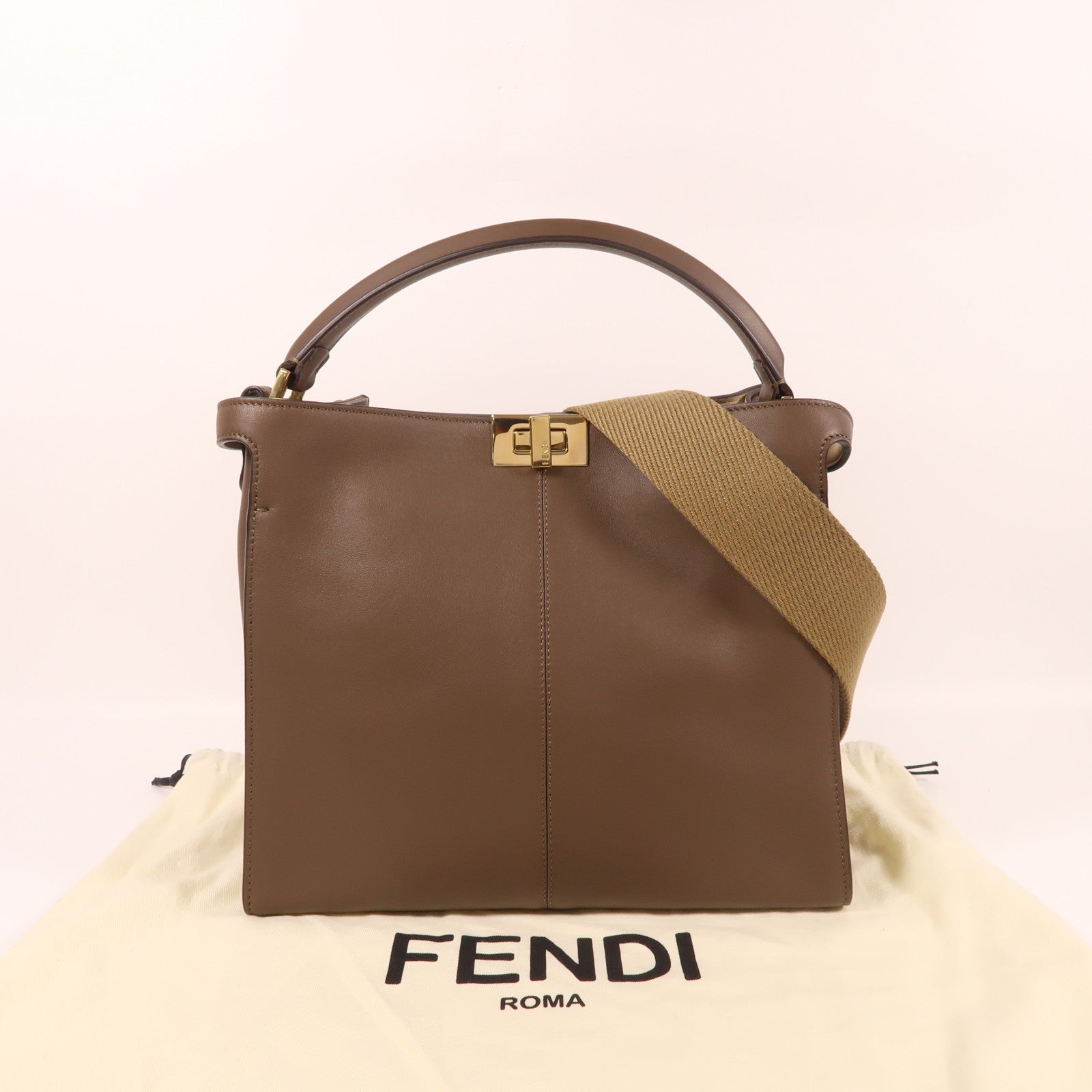 FENDI 牛皮皮革2 Way Shoulder金扣手挽肩背兩用袋啡色