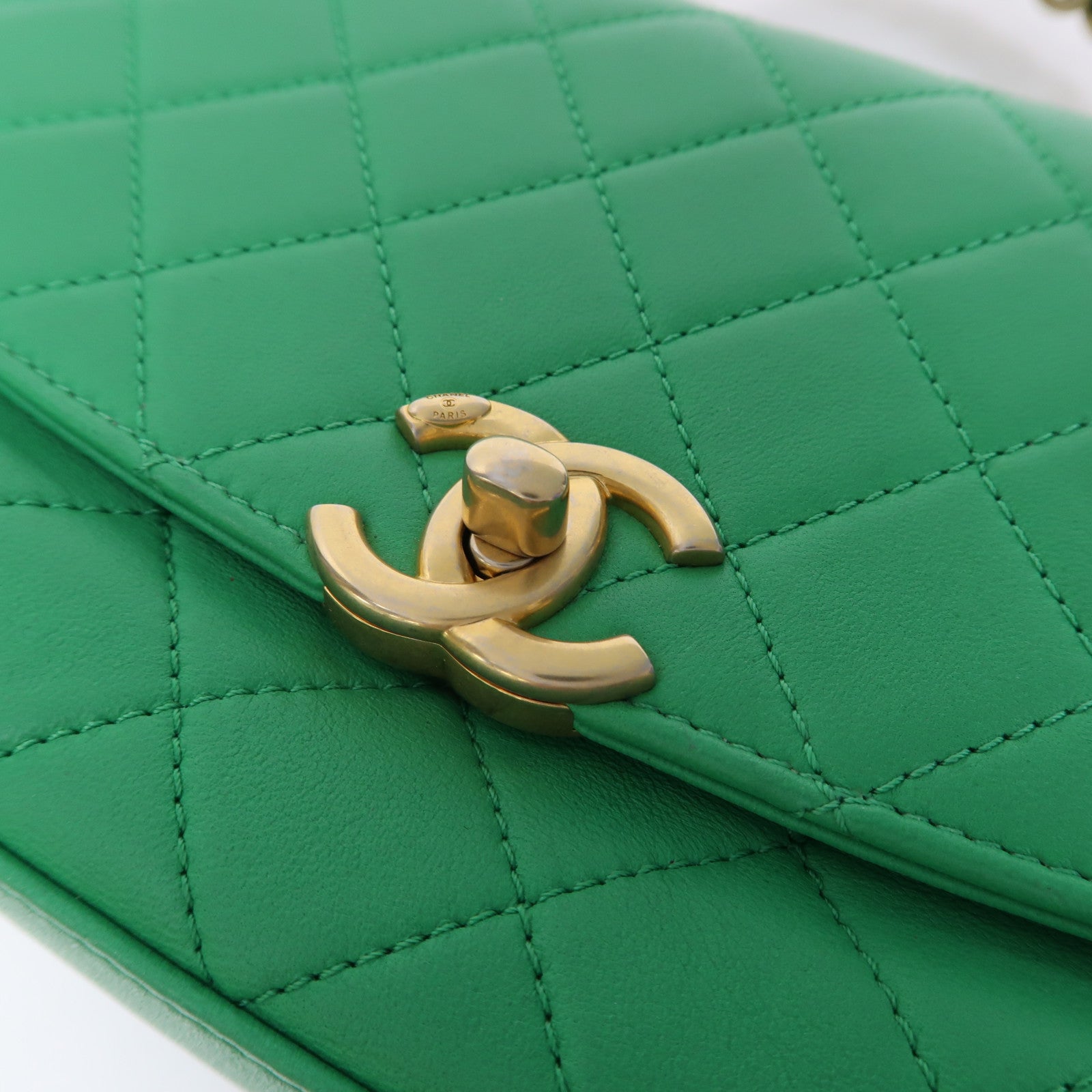 CHANEL 菱格牛皮皮革Top Handle Chain Shoulder金扣鏈帶手挽肩背兩用袋綠色