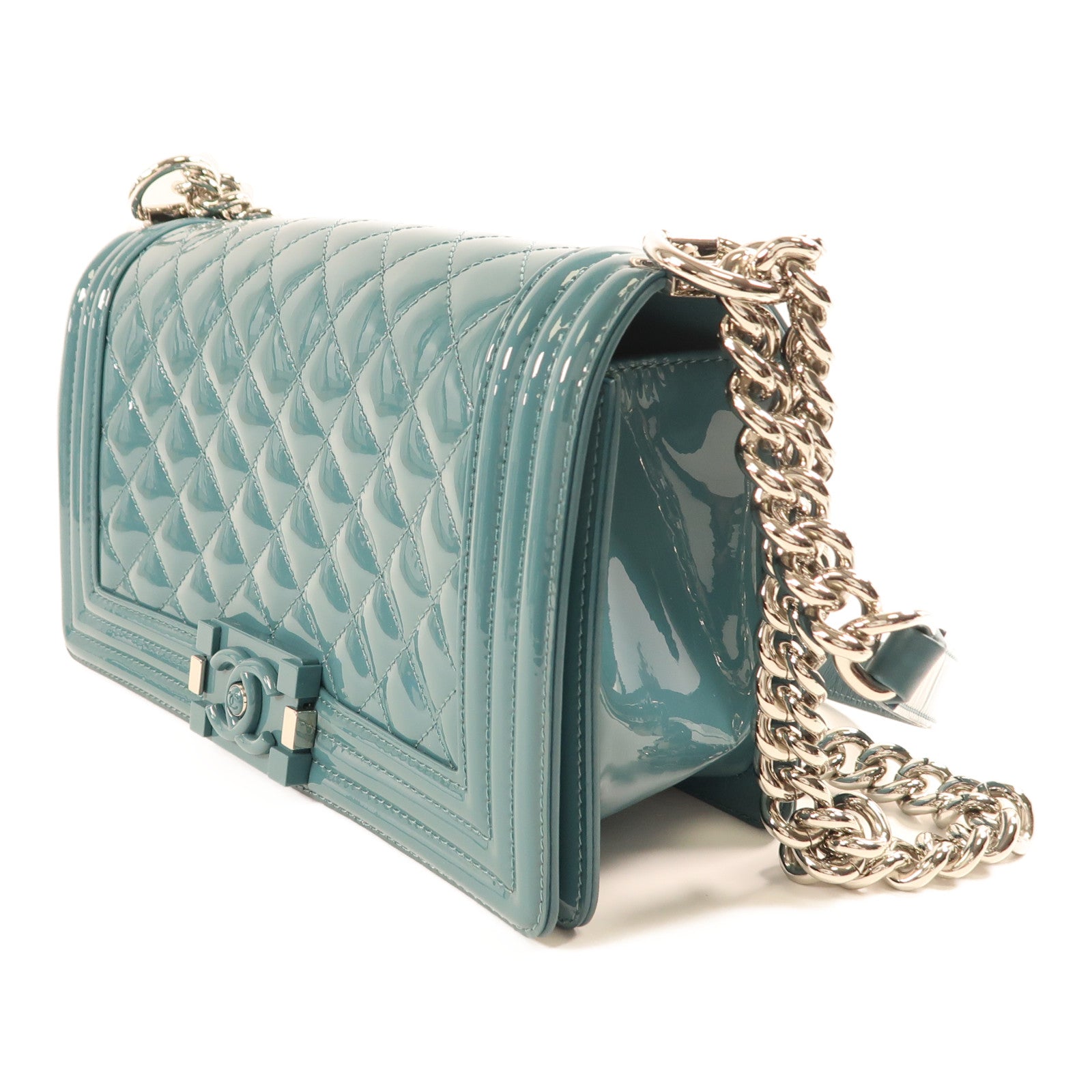 CHANEL CC SHW Boy 25 Chain Shoulder Bag Patent Leather Green