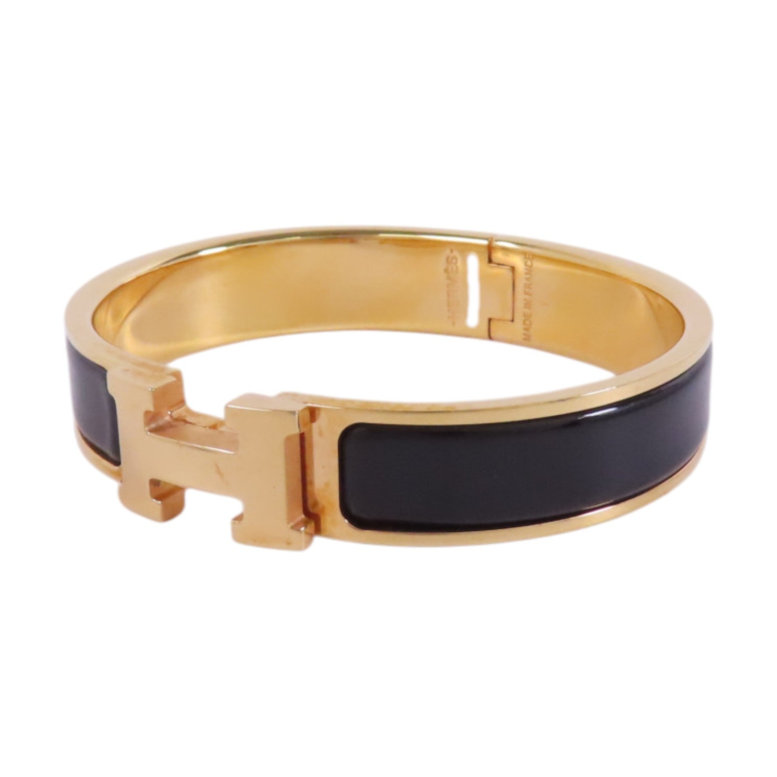 HERMES GHW Clic-Clac H Bracelet Bangle Metal Enamel Black