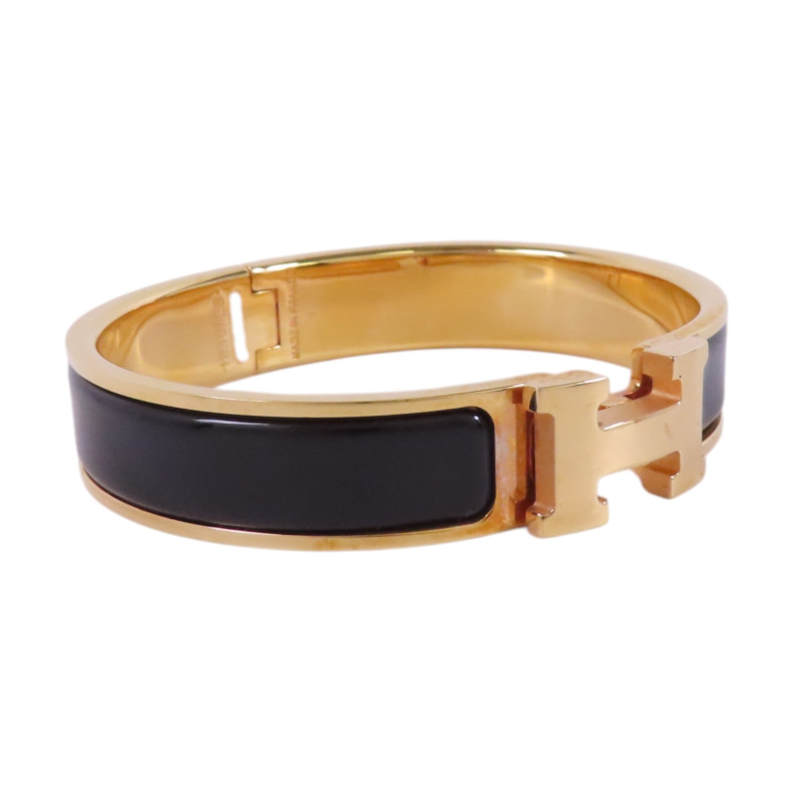 HERMES GHW Clic-Clac H Bracelet Bangle Metal Enamel Black