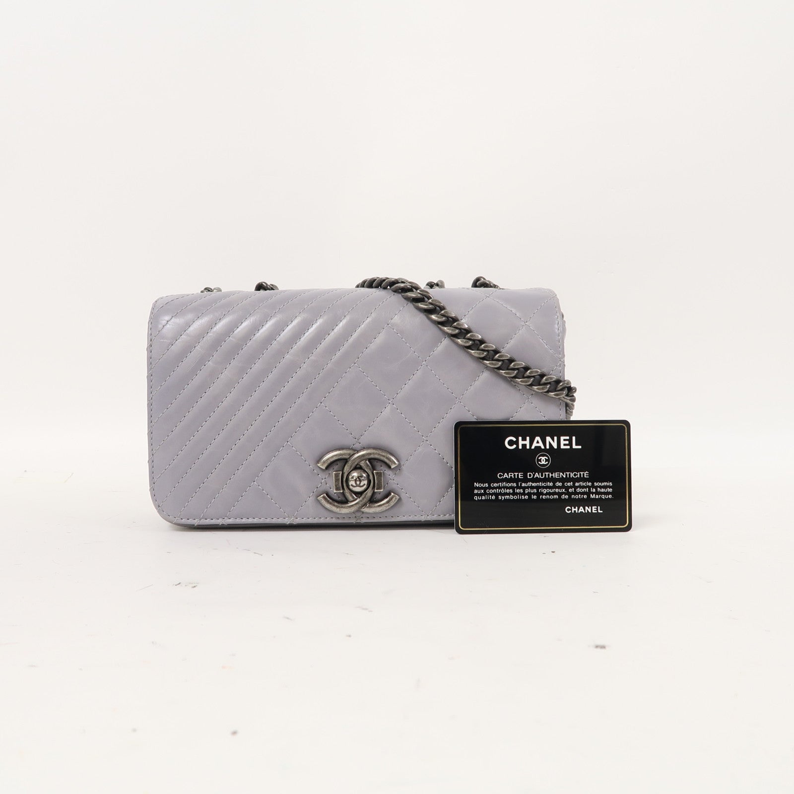 CHANEL 【激減優惠】牛皮皮革Chain Shoulder銀扣鏈帶肩背袋灰色
