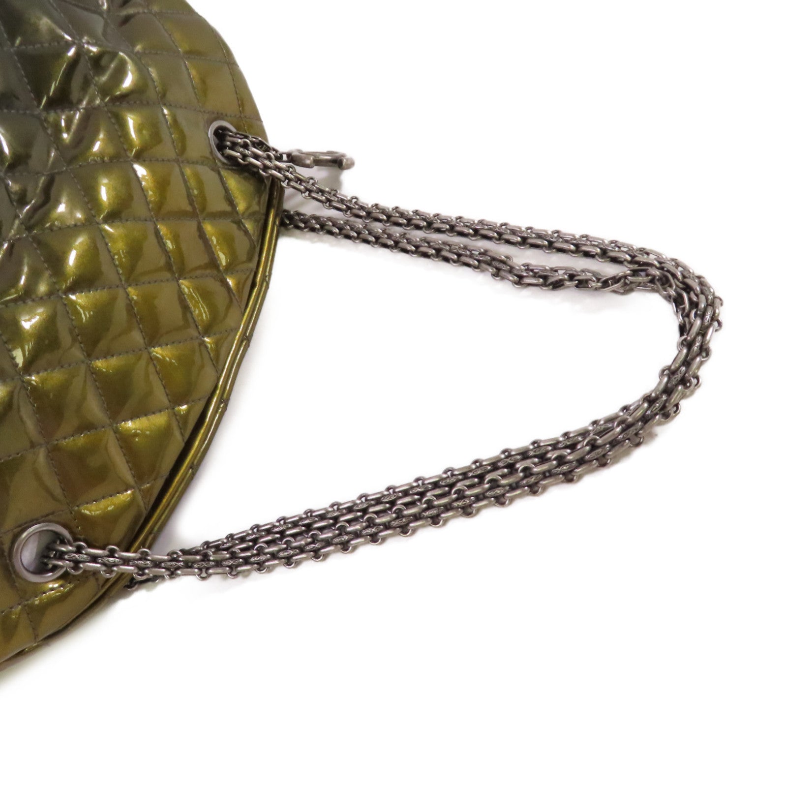 CHANEL 【激減優惠】菱格漆皮皮革Chain Shoulder Bag銀扣鏈帶肩背袋金黃色/軍綠色