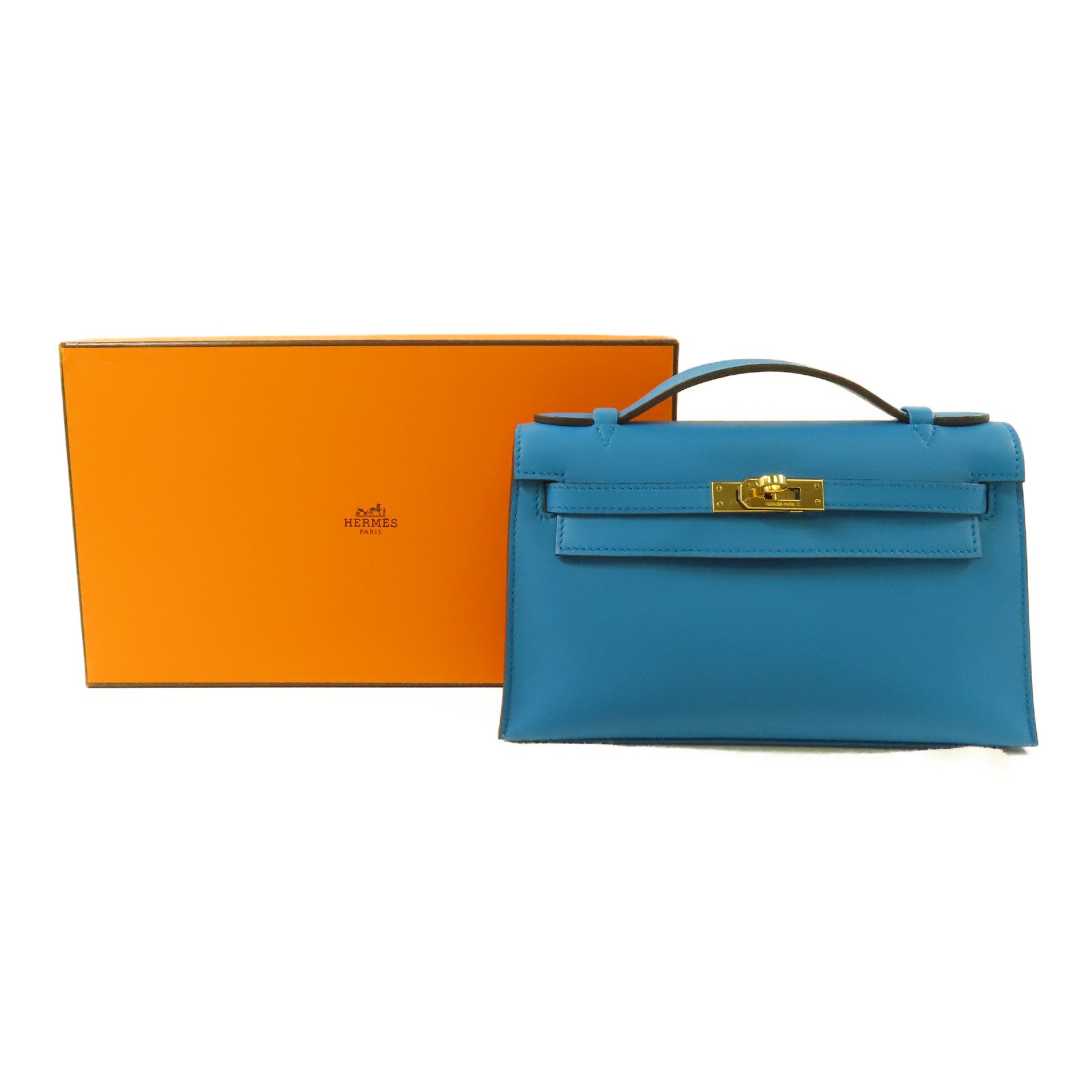 HERMES Swift皮革Kelly Pochette金扣手挽袋B3 Blue Zanzibar