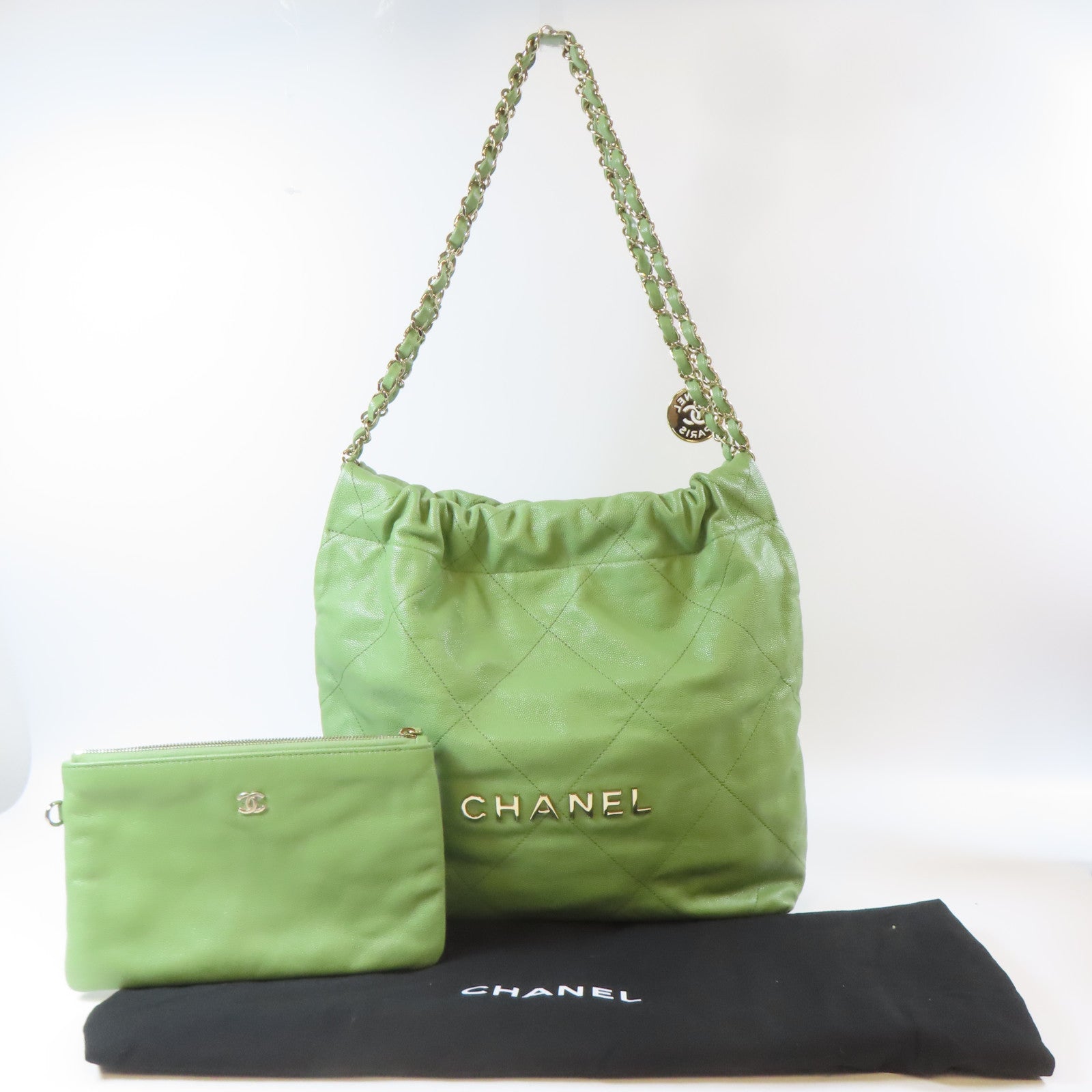 CHANEL 菱格Caviar皮革Chain Shoulder C22金扣鏈帶肩背袋綠色
