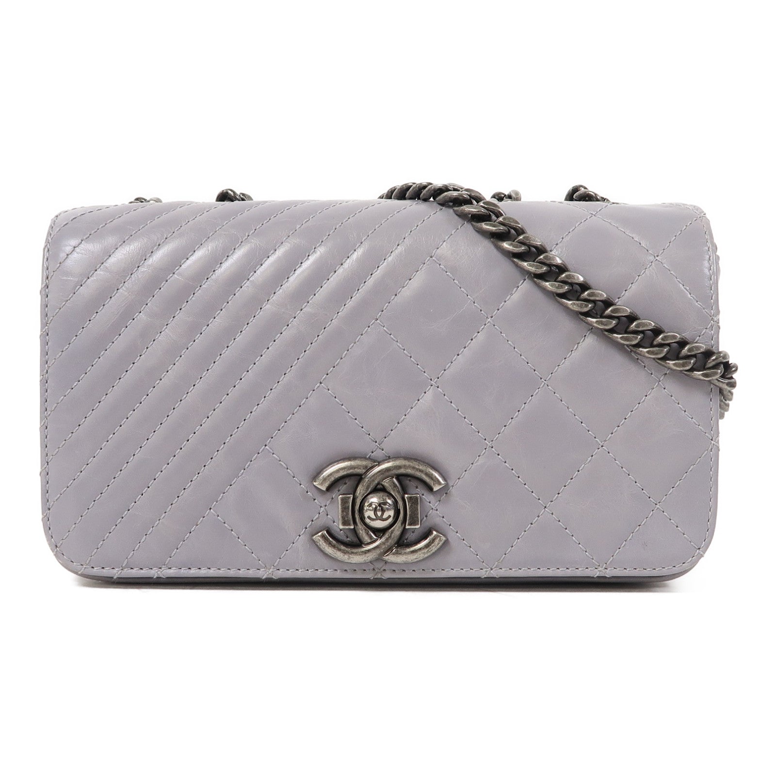 CHANEL 【激減優惠】牛皮皮革Chain Shoulder銀扣鏈帶肩背袋灰色