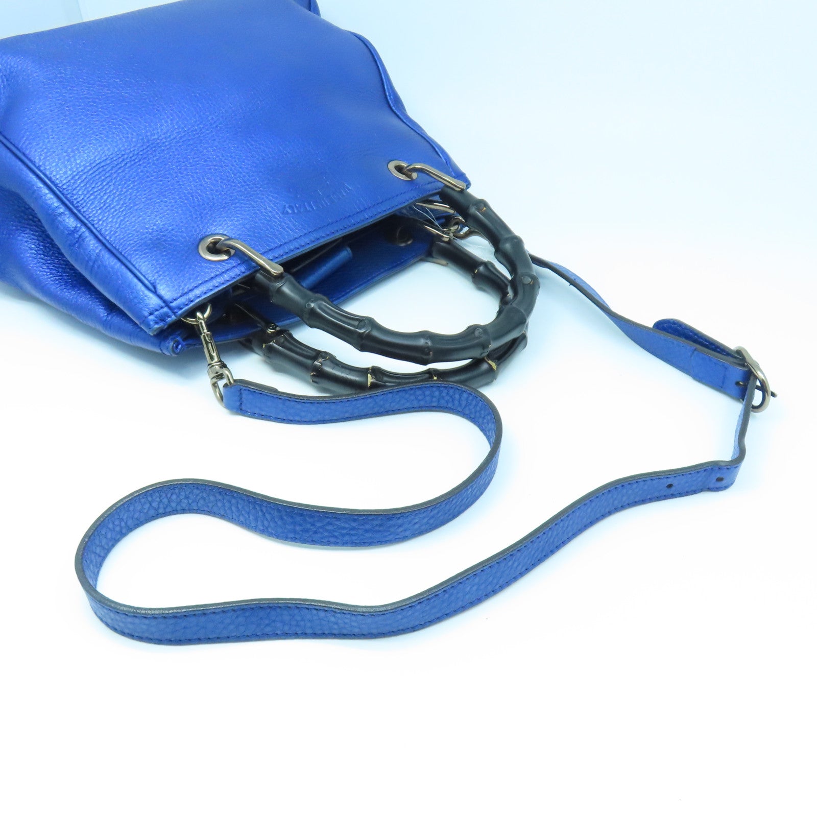 GUCCI leather Bamboo 2way Shoulder silver buckle handle shoulder bag blue
