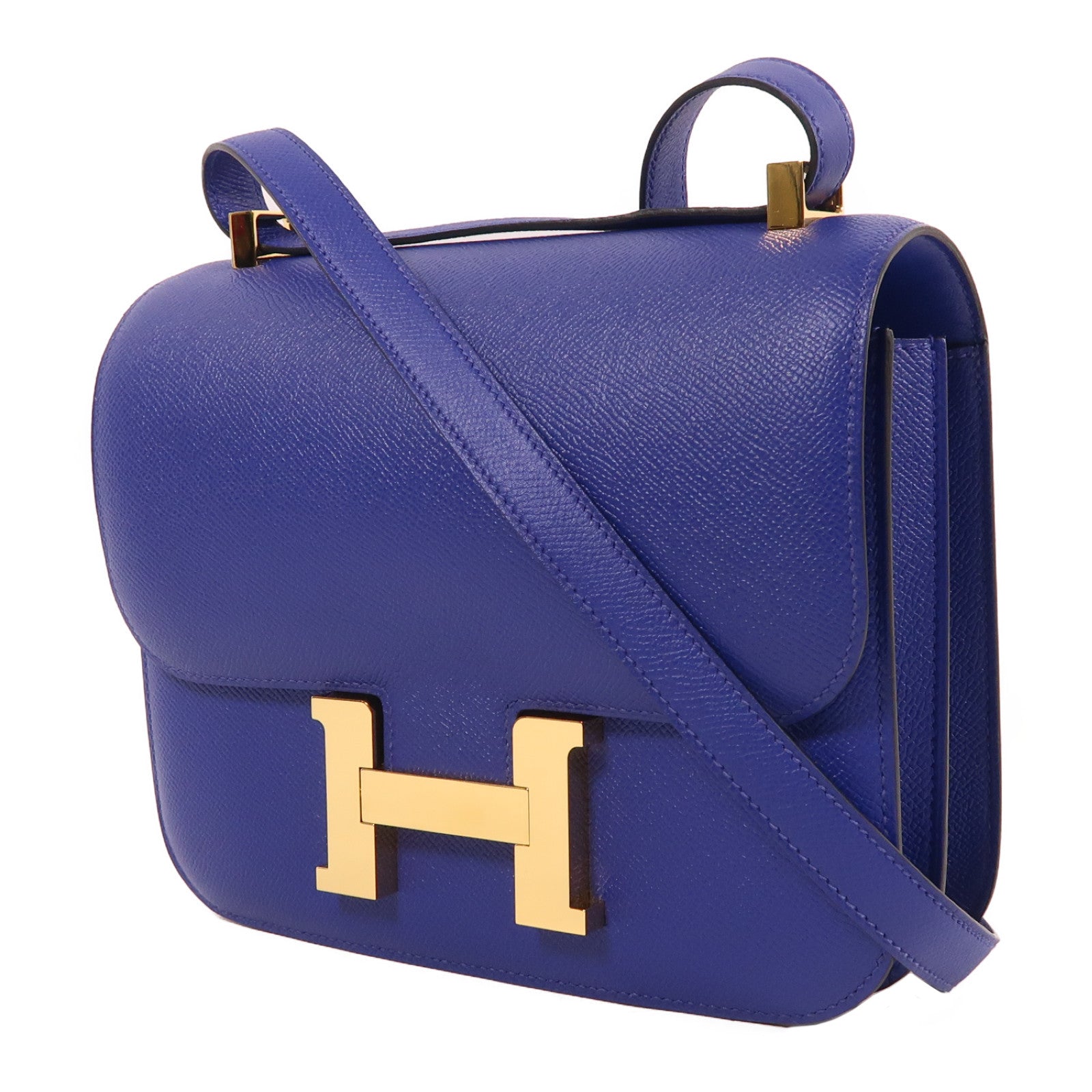 HERMES Epsom皮革Constance金扣肩背袋閃電藍色