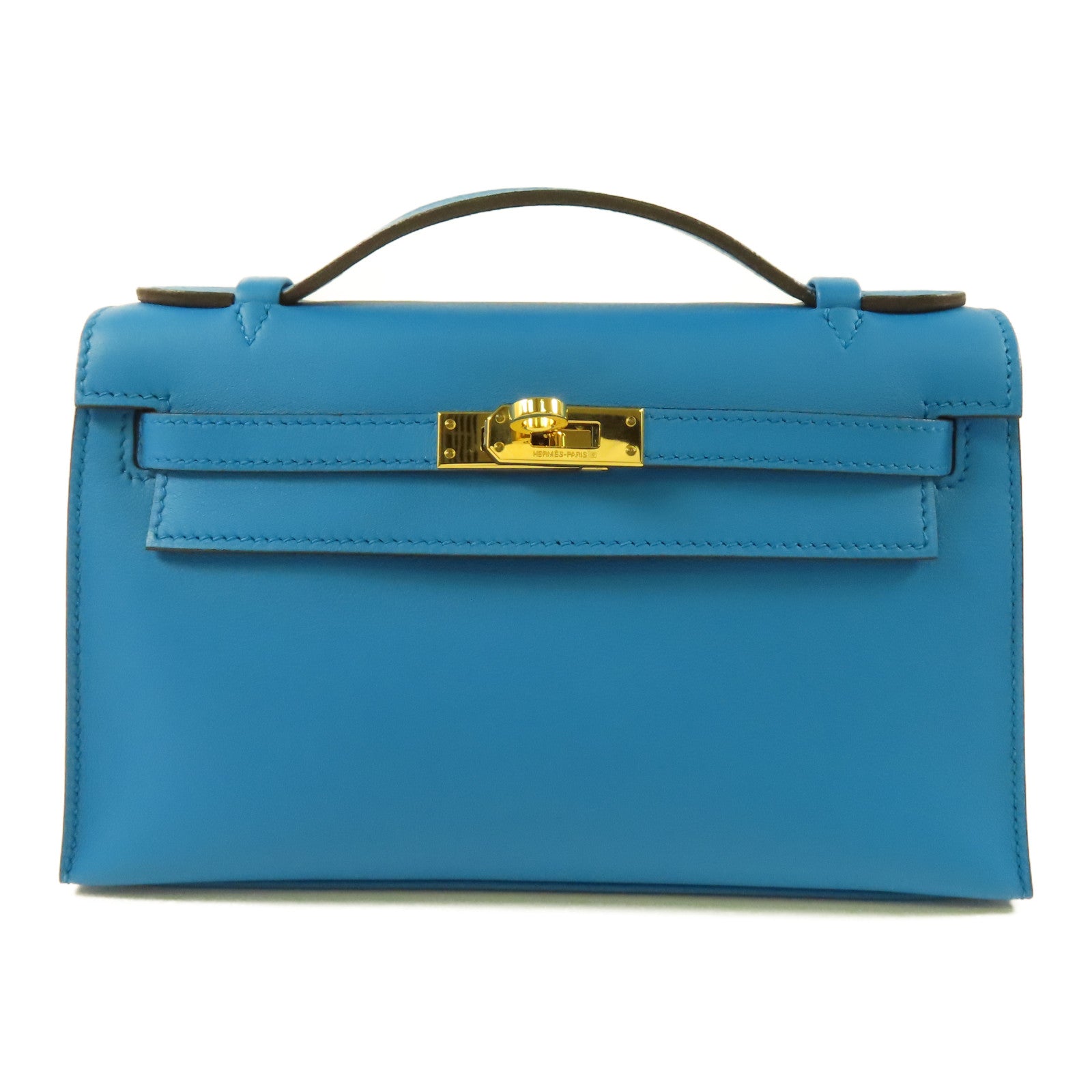 HERMES Swift皮革Kelly Pochette金扣手挽袋B3 Blue Zanzibar