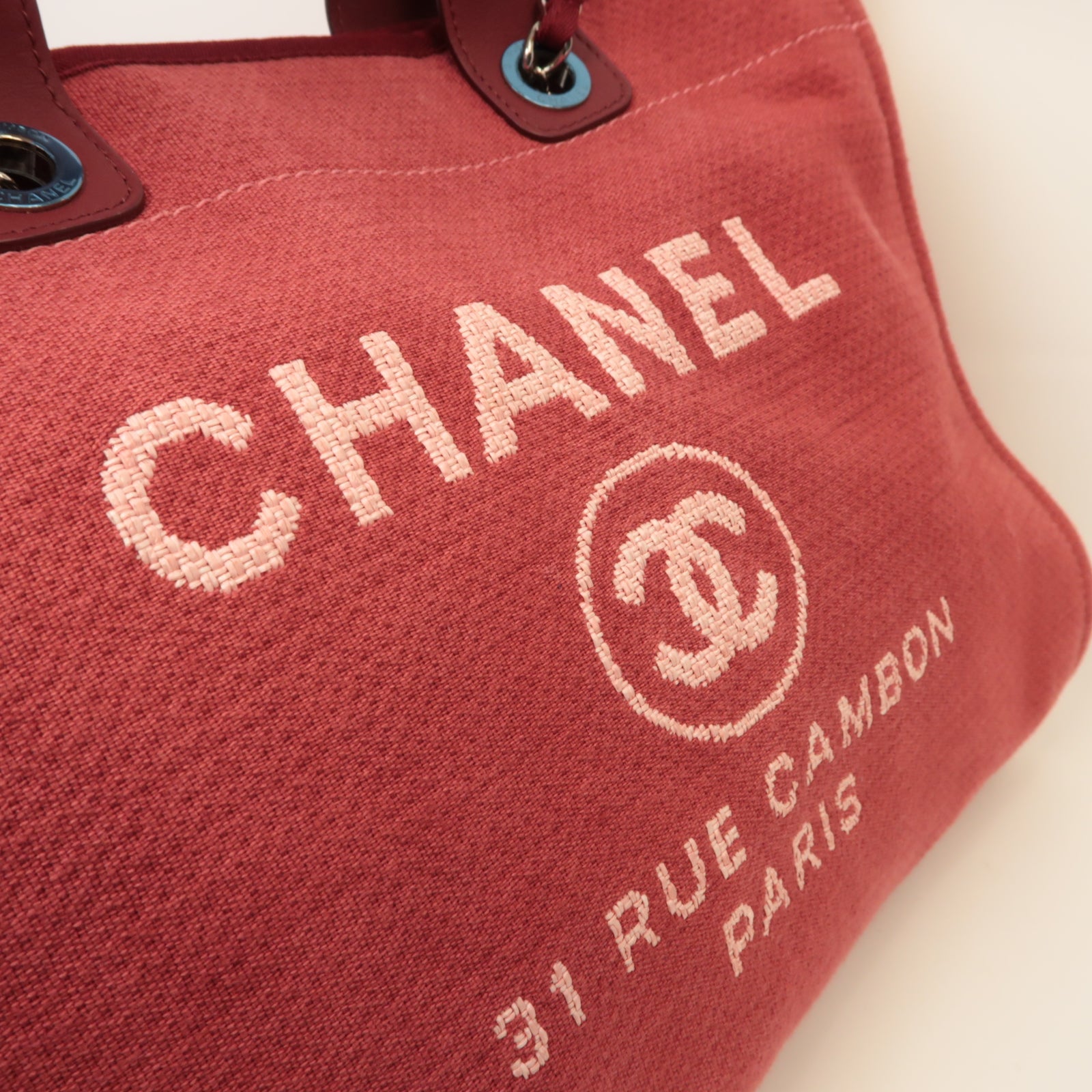 CHANEL 【激減優惠】帆布Deauville銀扣鏈帶肩背袋粉紅色