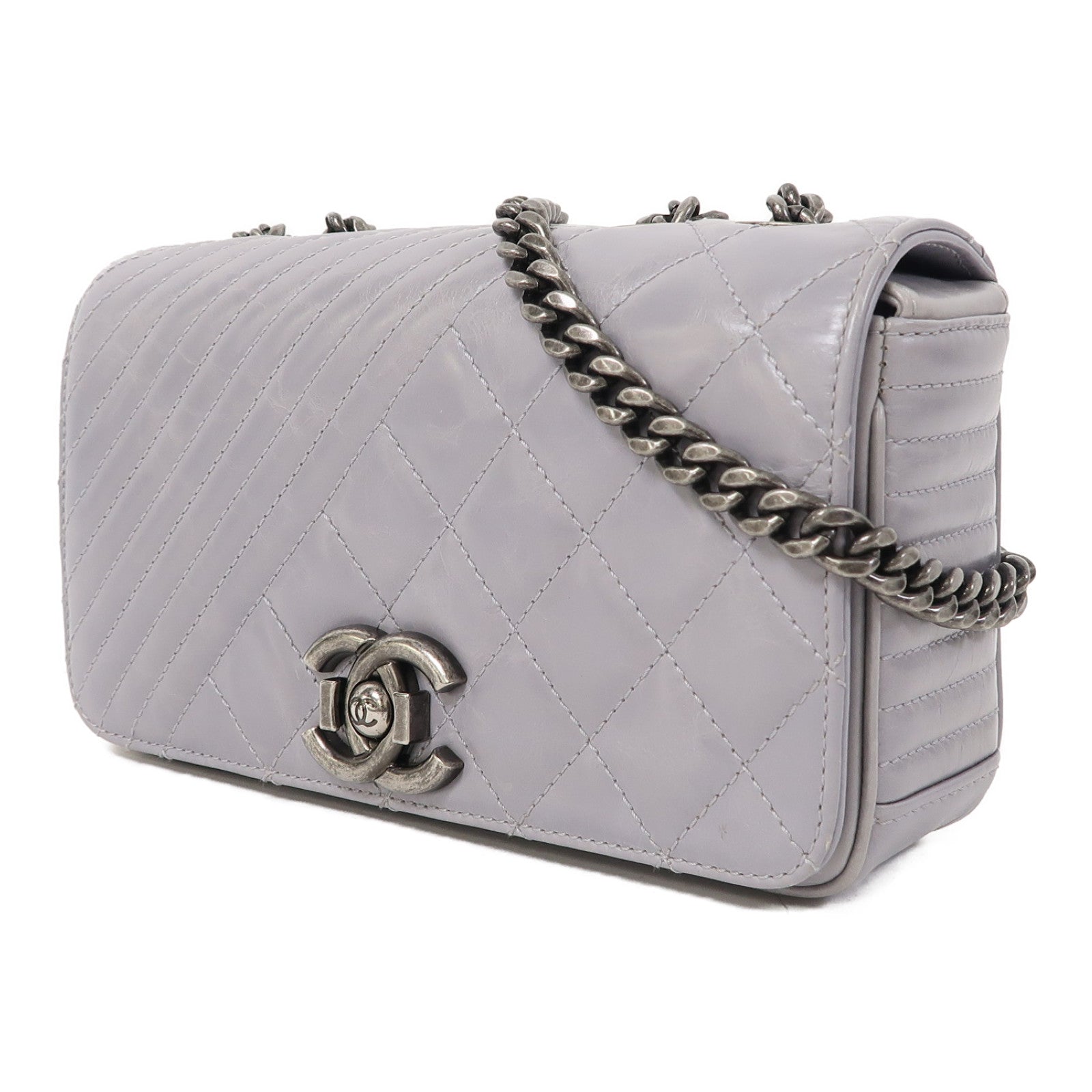CHANEL 【激減優惠】牛皮皮革Chain Shoulder銀扣鏈帶肩背袋灰色