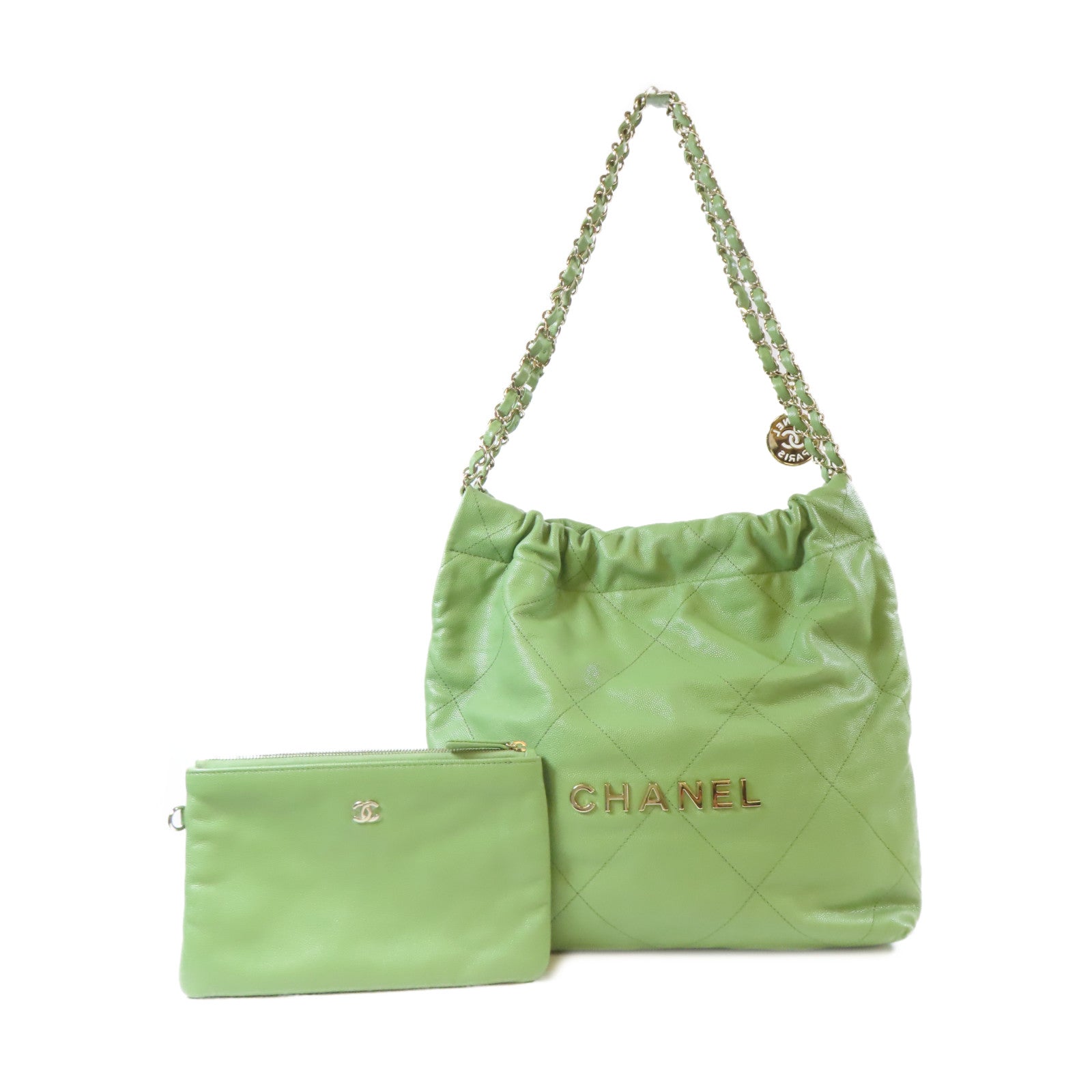 CHANEL 菱格Caviar皮革Chain Shoulder C22金扣鏈帶肩背袋綠色