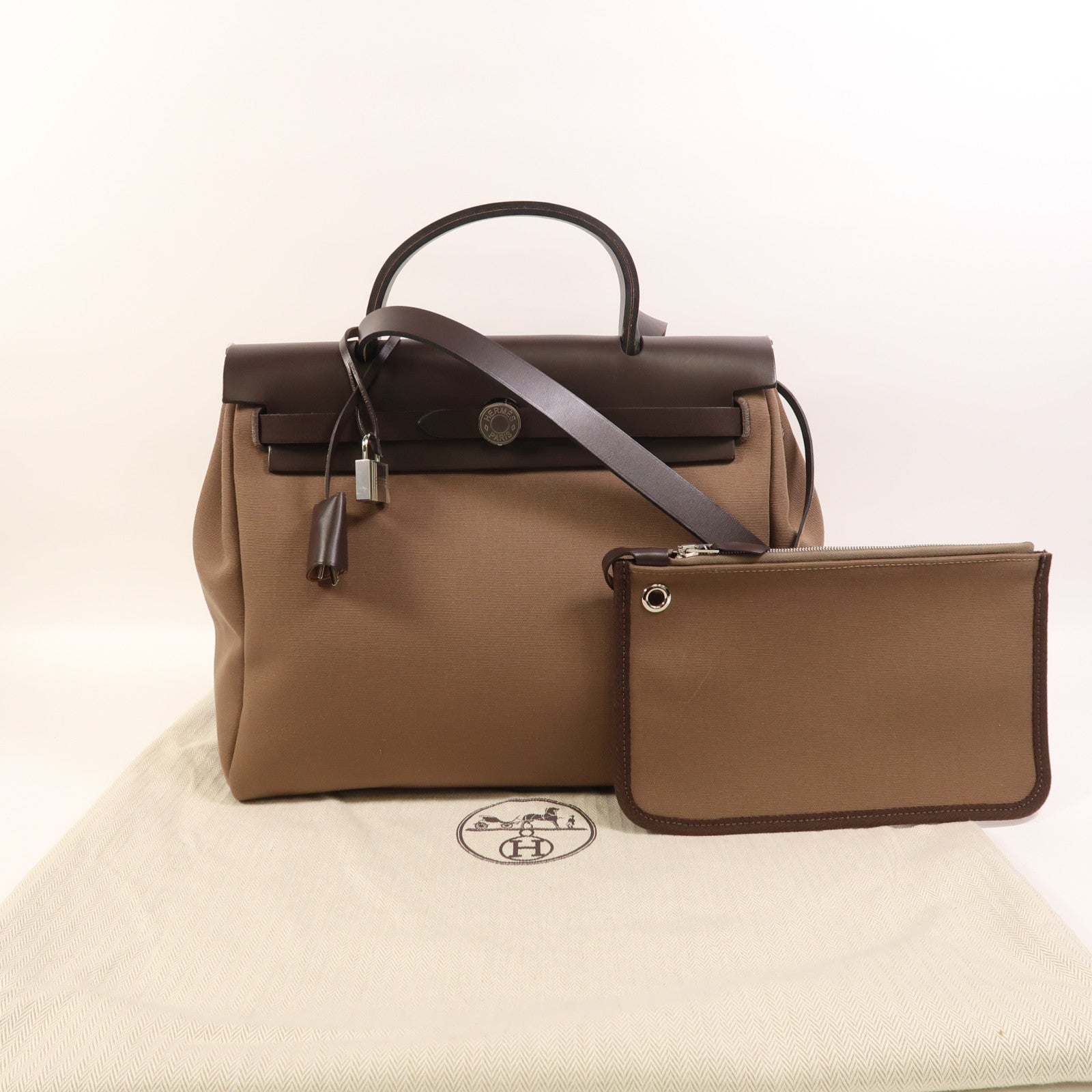 HERMES 帆布Herbag PM銀扣手挽肩背兩用袋Etoupe/Ebene