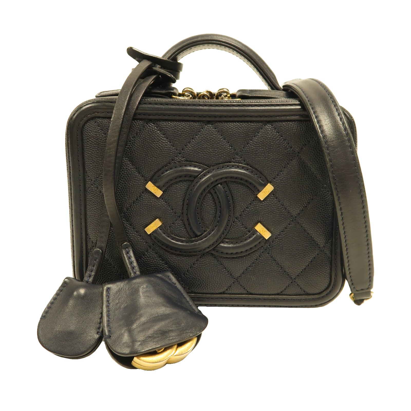 CHANEL 【激減優惠】菱格Caviar皮革Vanity Case金扣手挽肩背兩用袋海軍藍色
