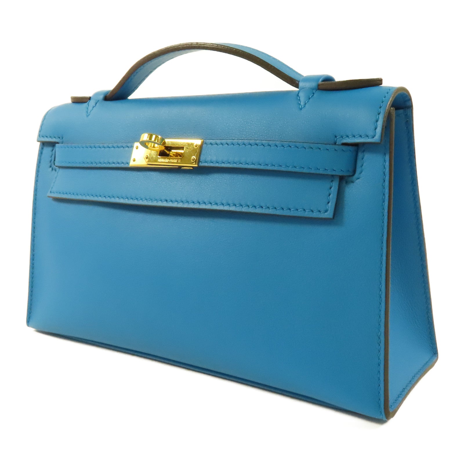 HERMES Swift皮革Kelly Pochette金扣手挽袋B3 Blue Zanzibar