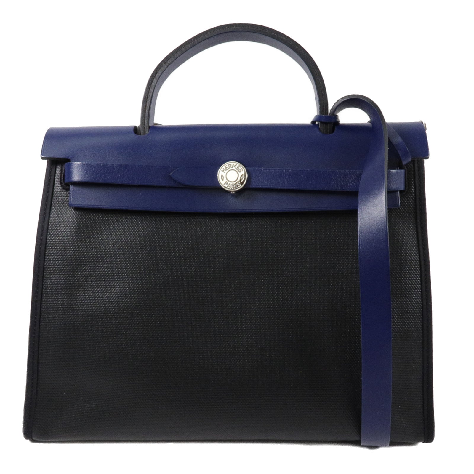 HERMES 帆布Herbag PM手挽肩背兩用袋Noir/Bleu Saphrie