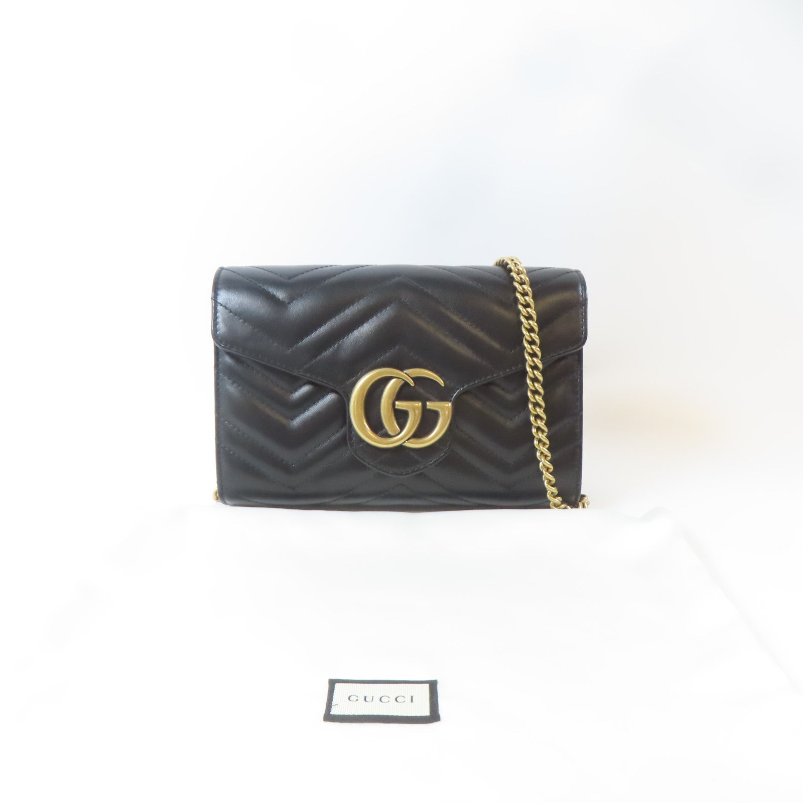 GUCCI 牛皮皮革GG Marmont金扣鏈帶肩背袋黑色