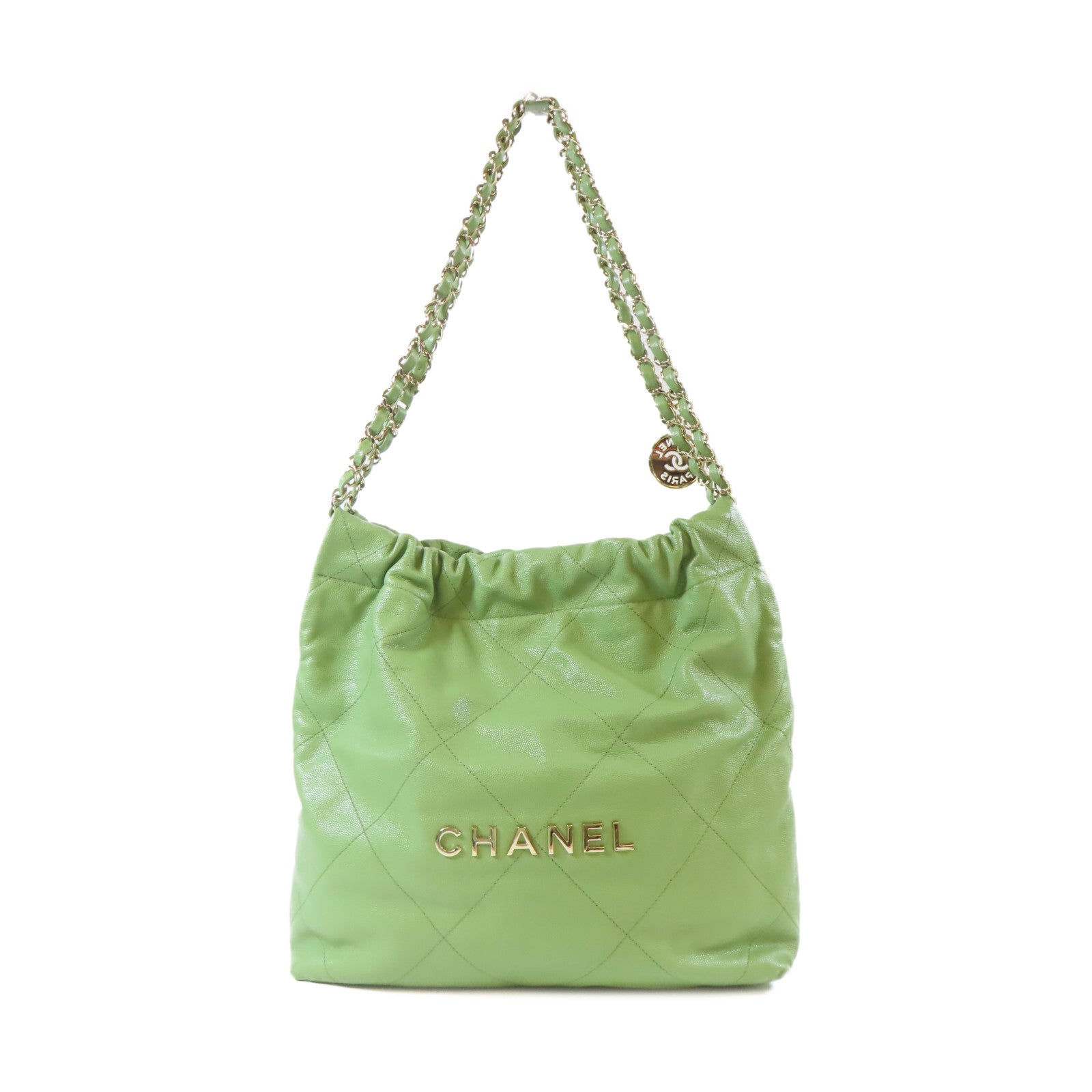 CHANEL 菱格Caviar皮革Chain Shoulder C22金扣鏈帶肩背袋綠色