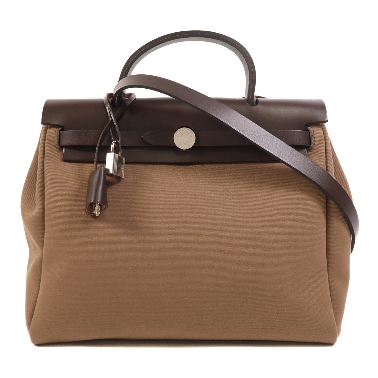 HERMES 帆布Herbag PM銀扣手挽肩背兩用袋Etoupe/Ebene