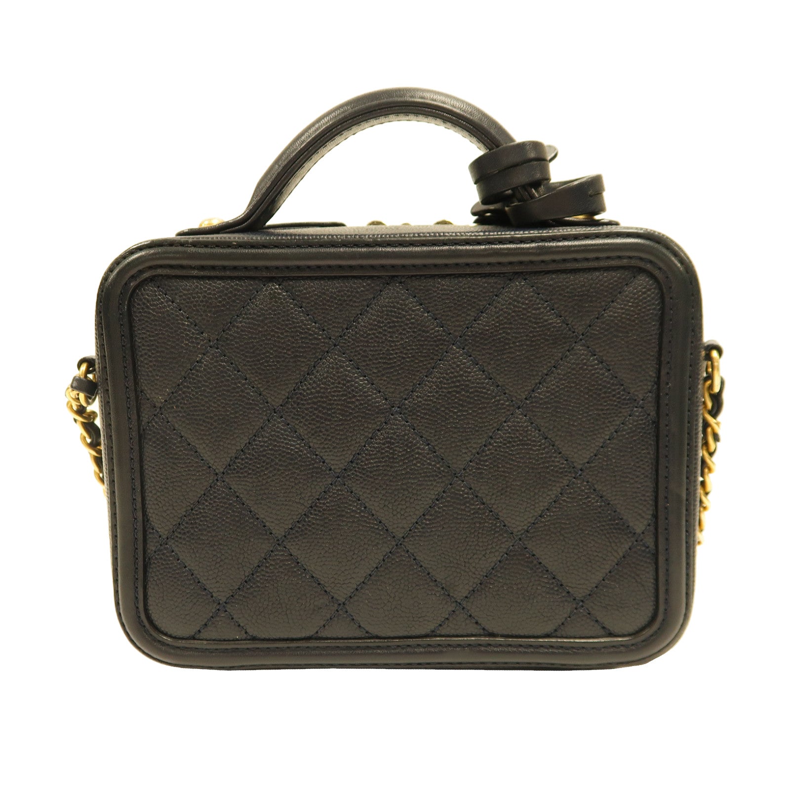 CHANEL 【激減優惠】菱格Caviar皮革Vanity Case金扣手挽肩背兩用袋海軍藍色