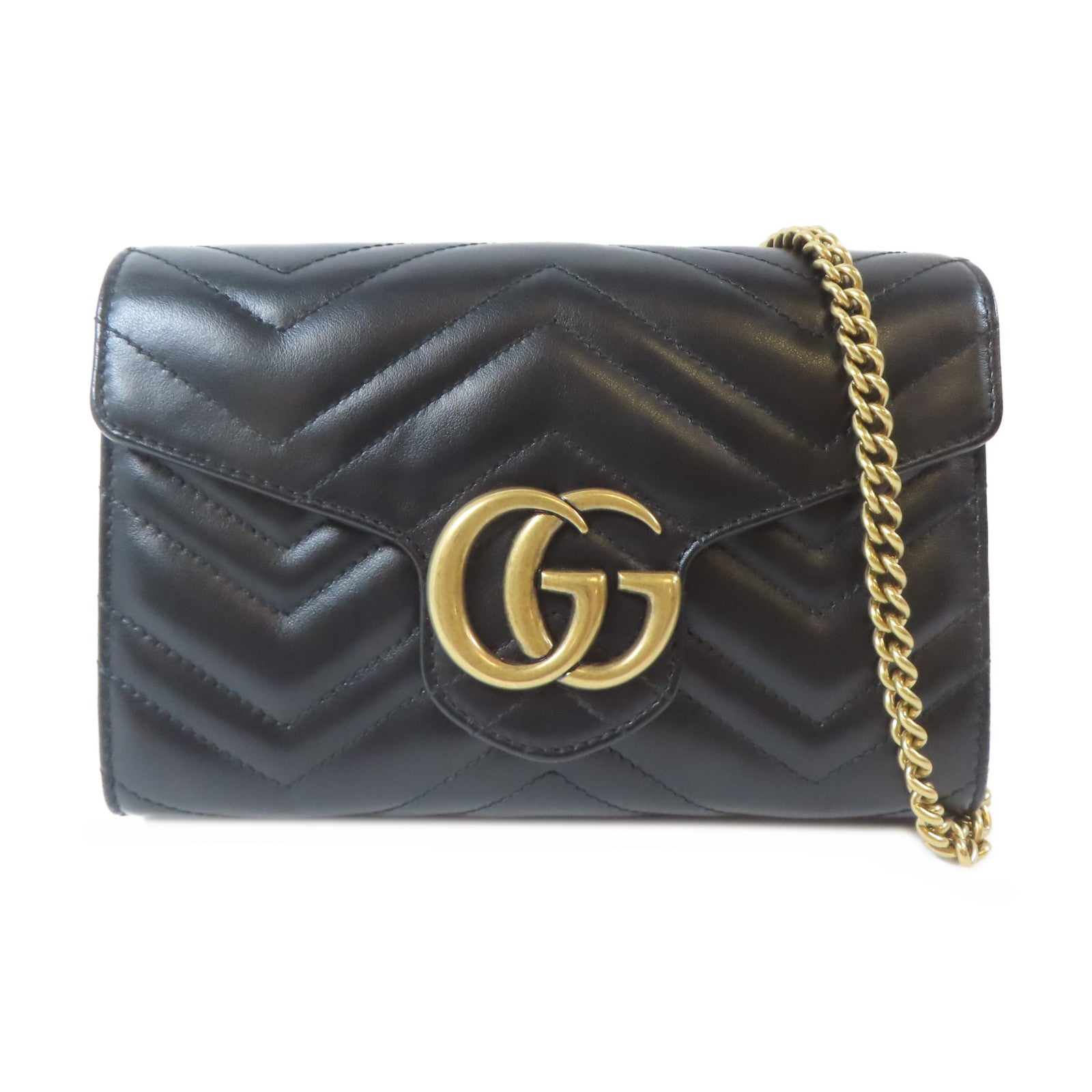 GUCCI 牛皮皮革GG Marmont金扣鏈帶肩背袋黑色