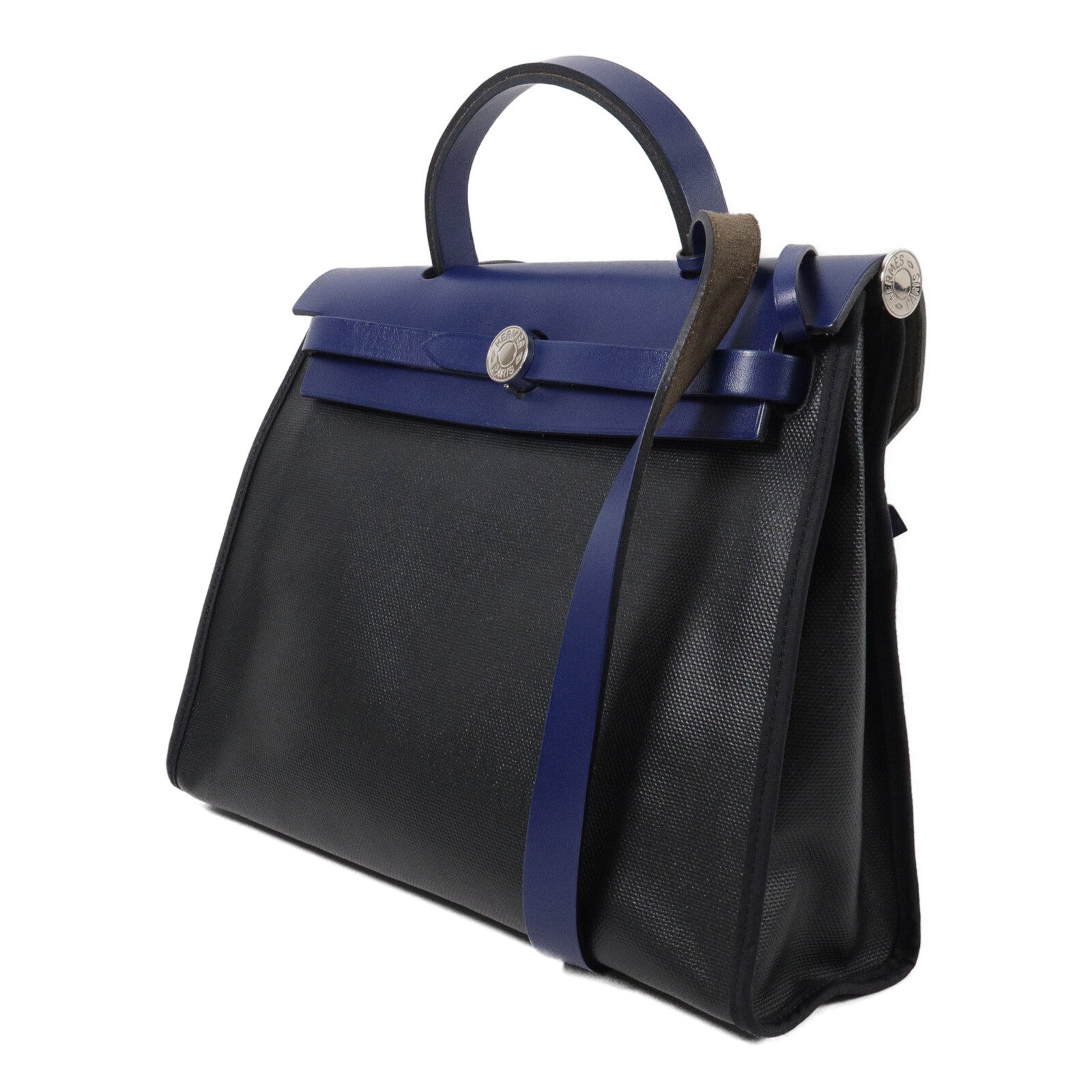 HERMES 帆布Herbag PM手挽肩背兩用袋Noir/Bleu Saphrie