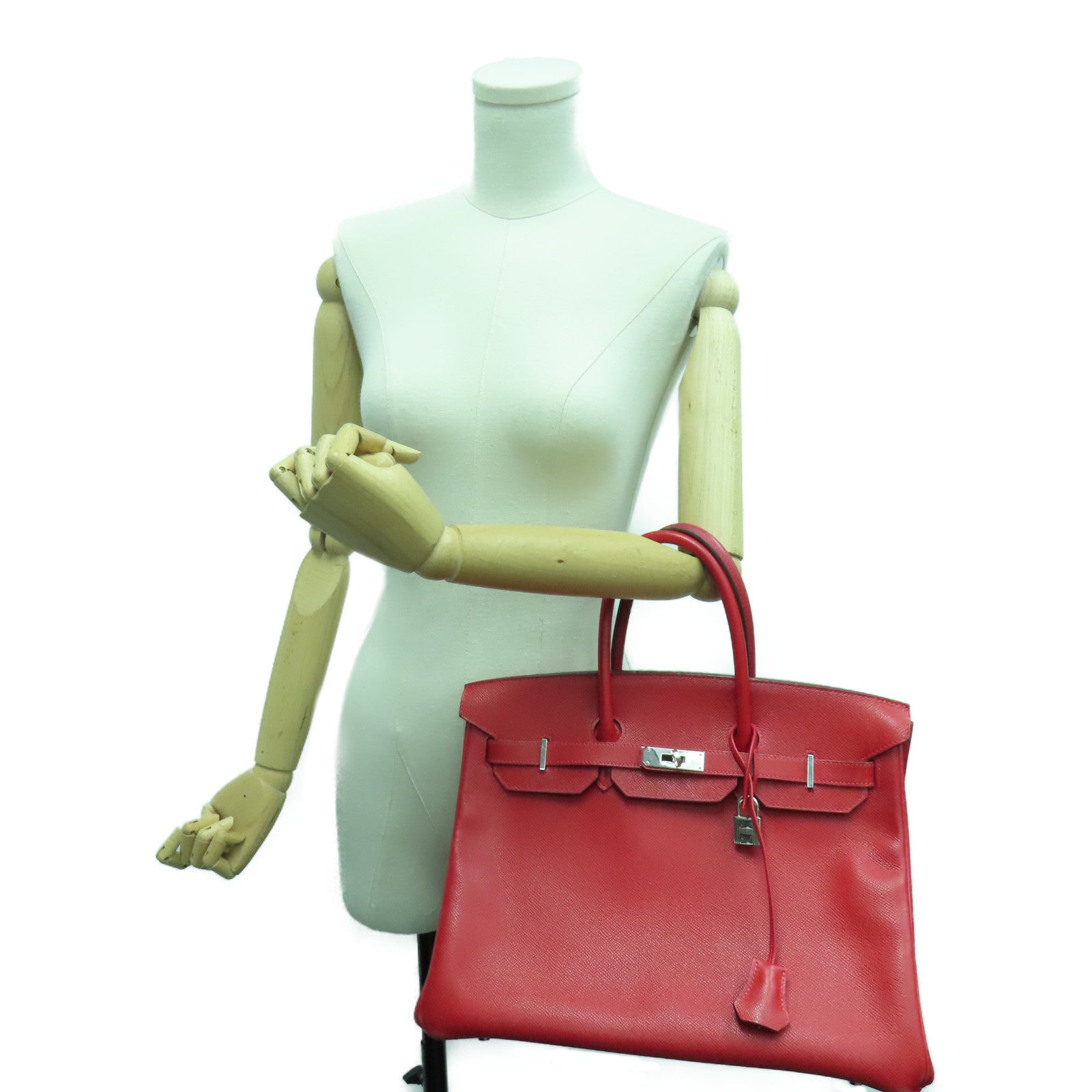 HERMES Epsom Leather Birkin 35 Silver Buckle Hand Bag Ferrari Red