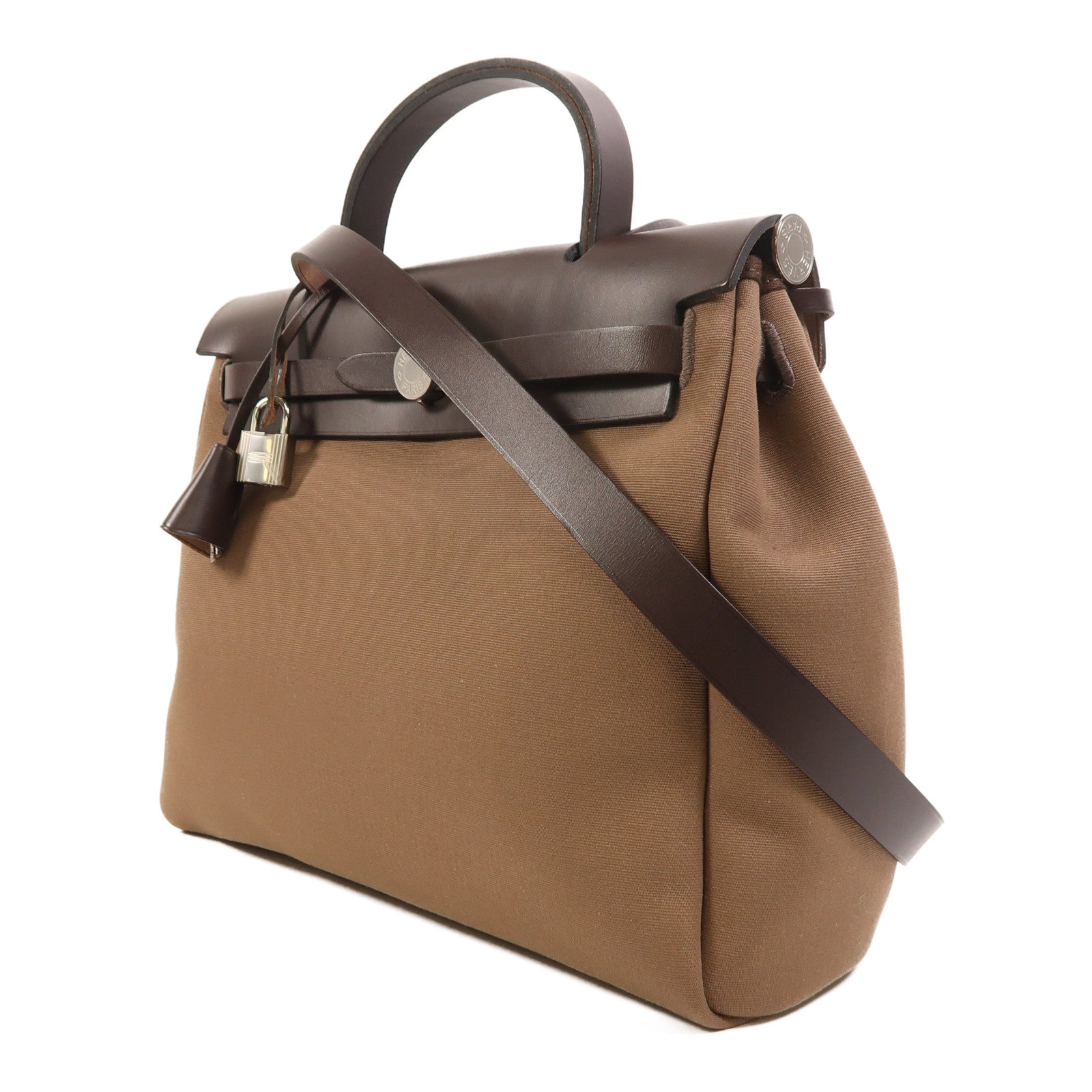 HERMES 帆布Herbag PM銀扣手挽肩背兩用袋Etoupe/Ebene