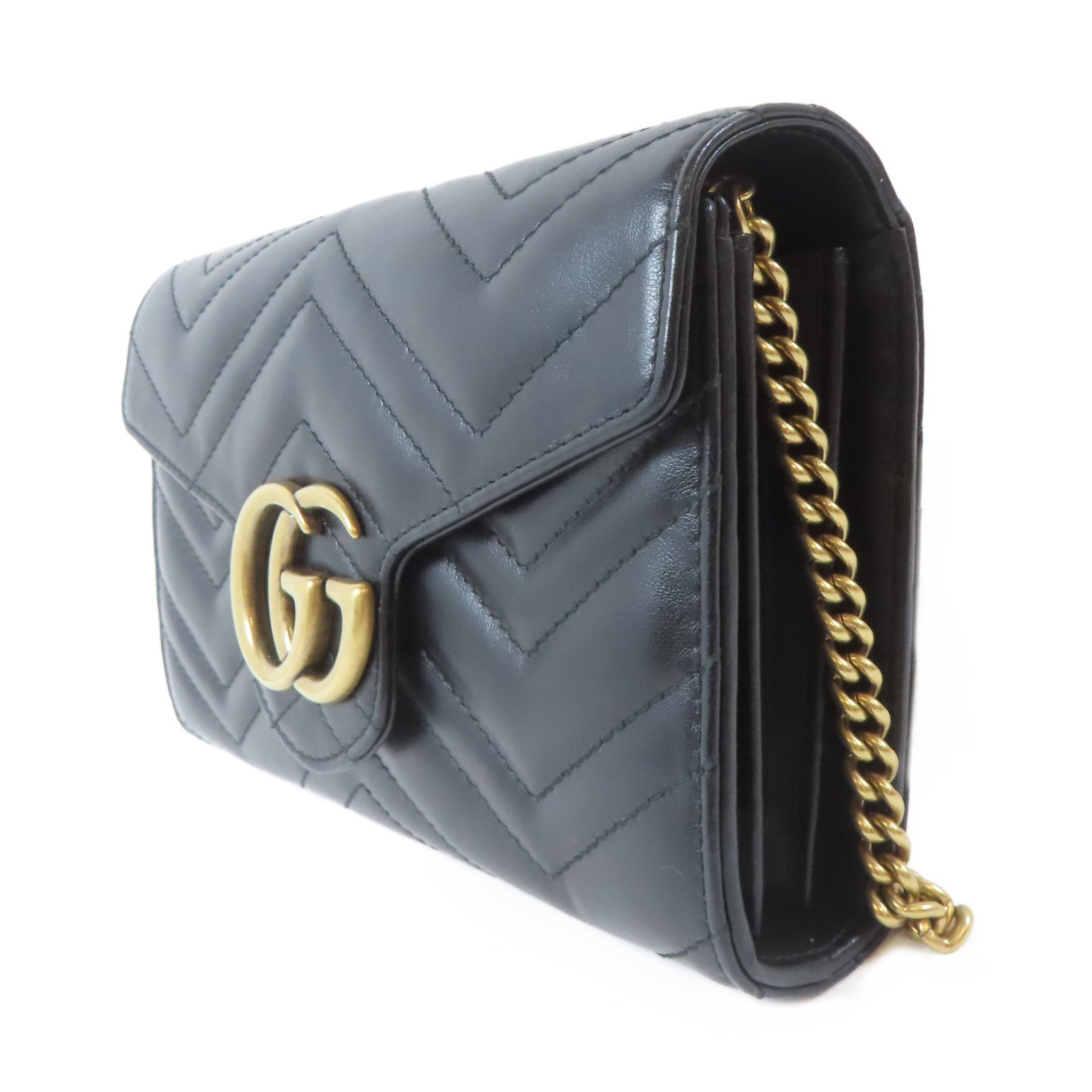 GUCCI 牛皮皮革GG Marmont金扣鏈帶肩背袋黑色
