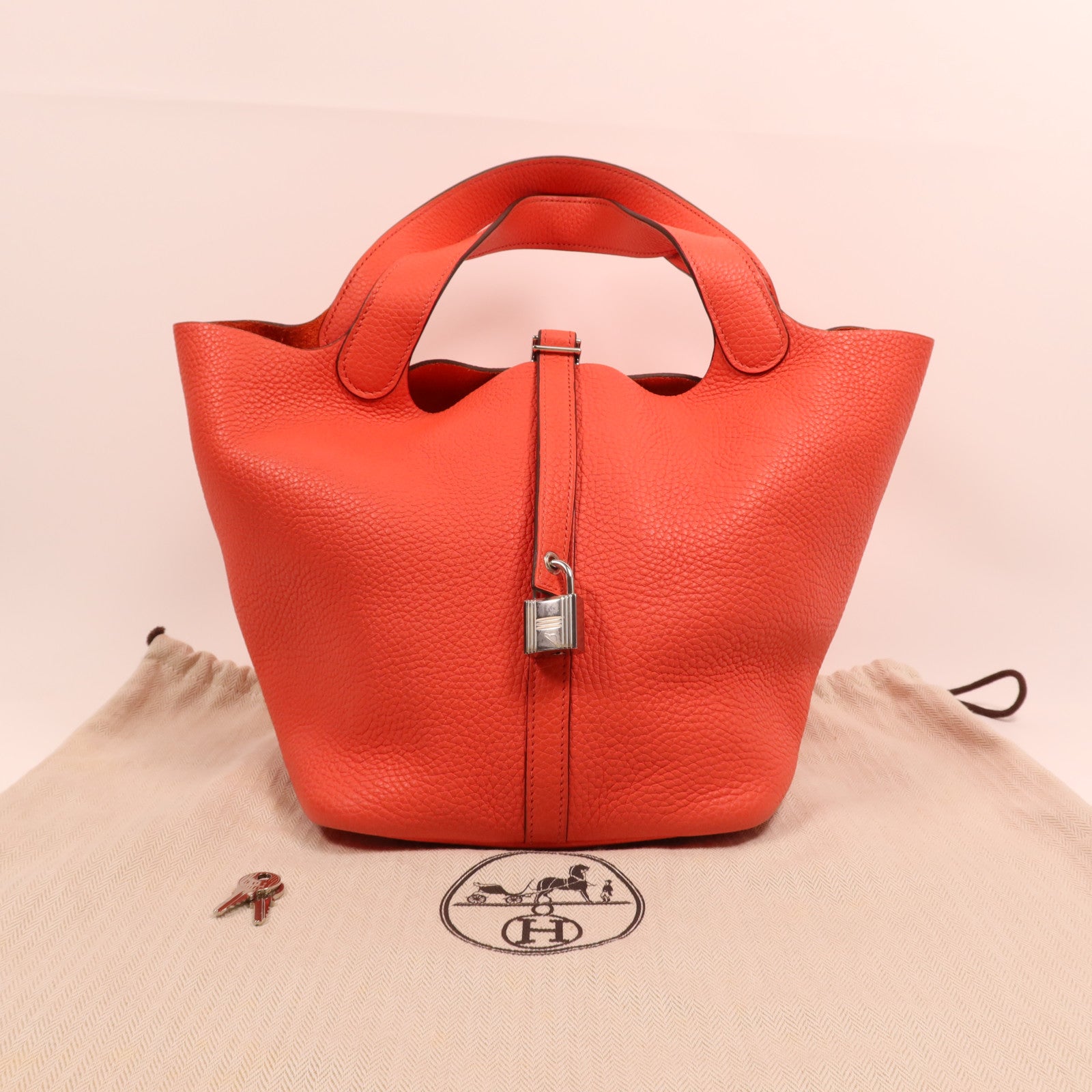 HERMES Clemence皮革Picotin MM銀扣手挽袋Orange Poppy