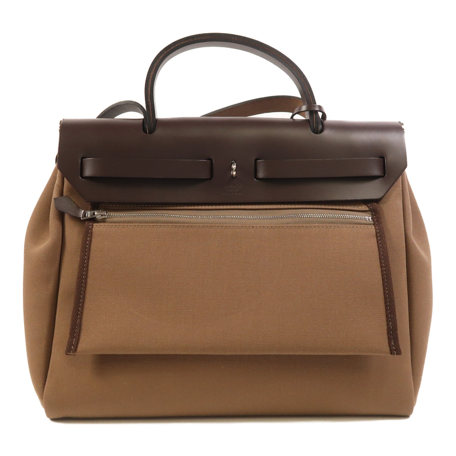 HERMES 帆布Herbag PM銀扣手挽肩背兩用袋Etoupe/Ebene