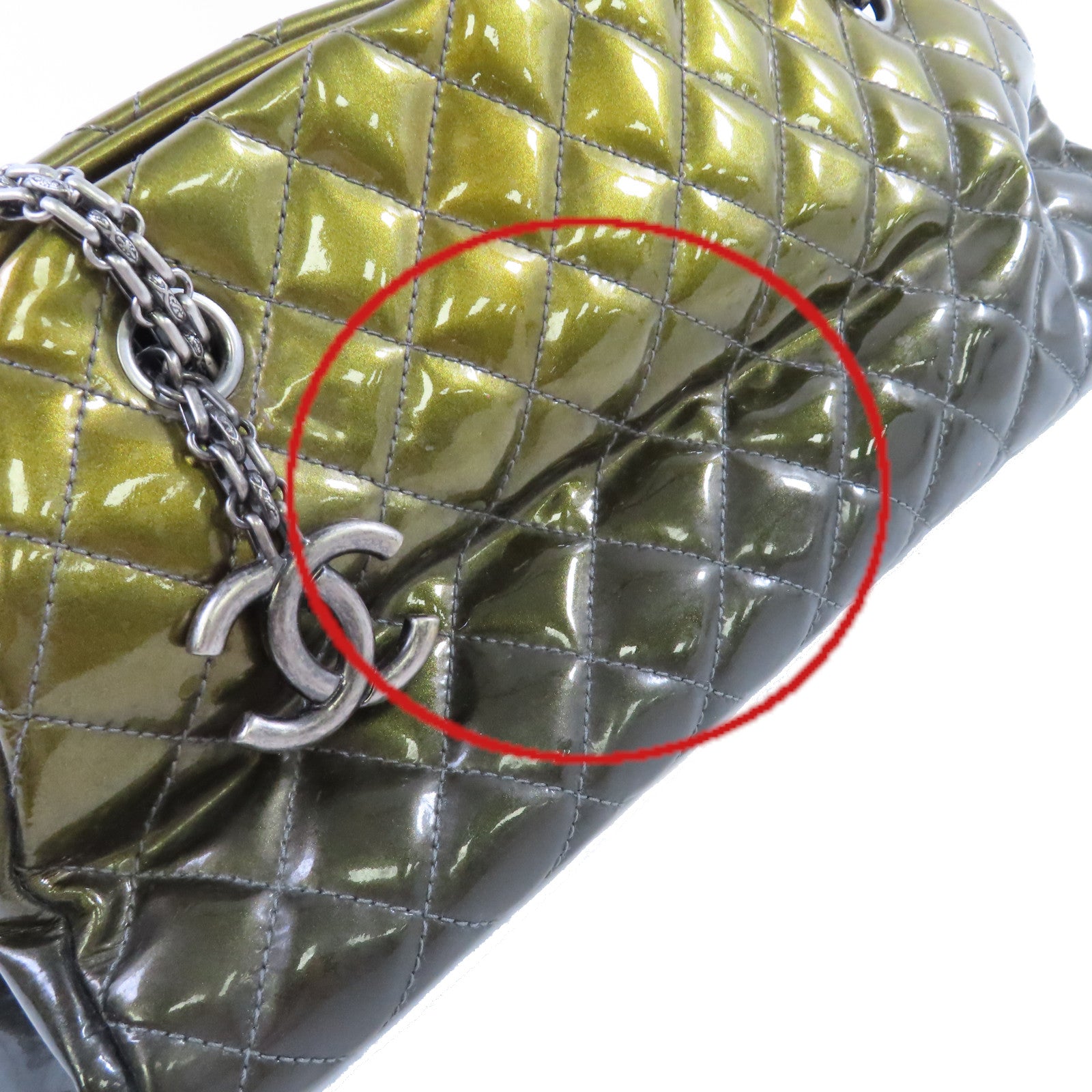 CHANEL 【激減優惠】菱格漆皮皮革Chain Shoulder Bag銀扣鏈帶肩背袋金黃色/軍綠色