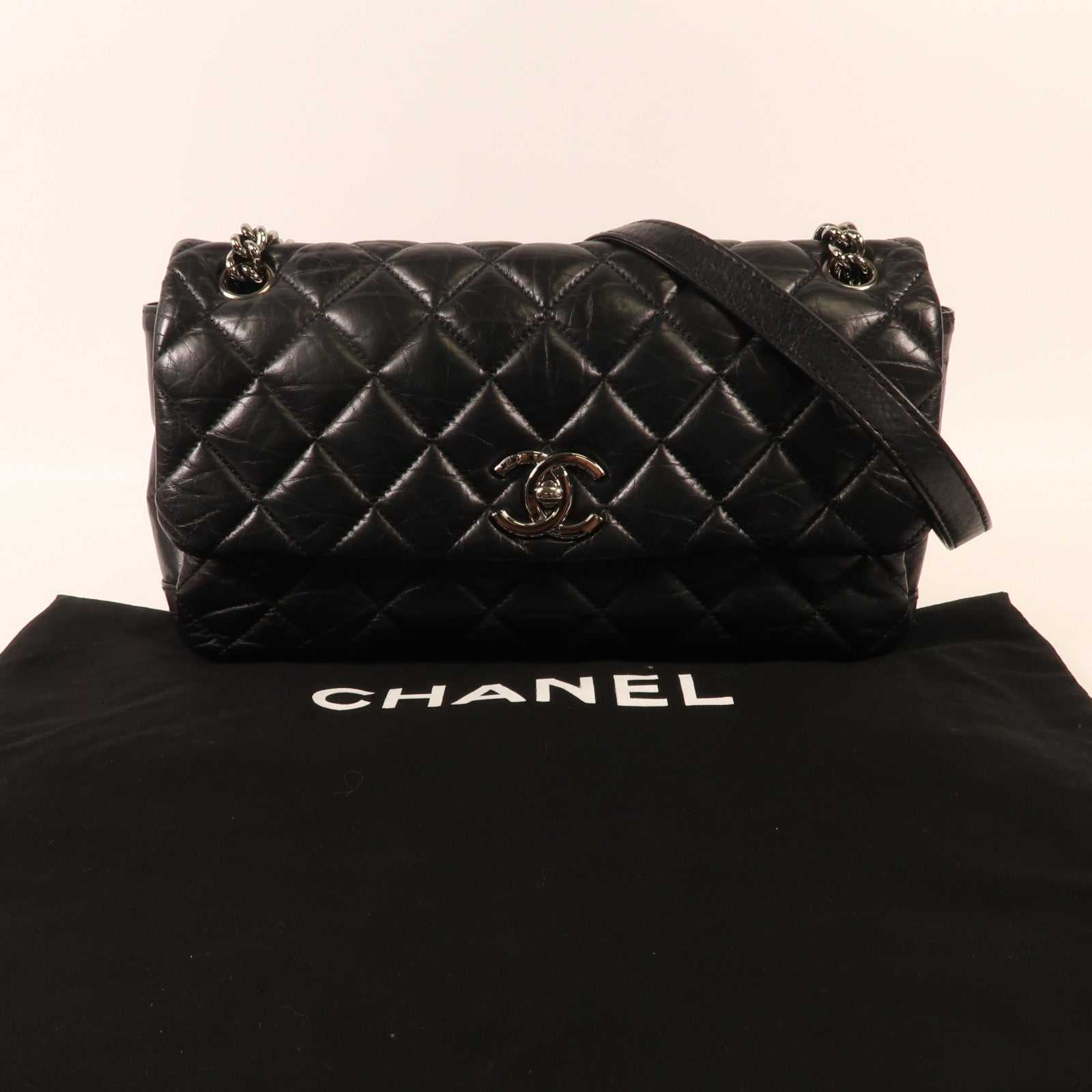 CHANEL 牛皮皮革Chain Shoulder銀扣鏈帶肩背袋