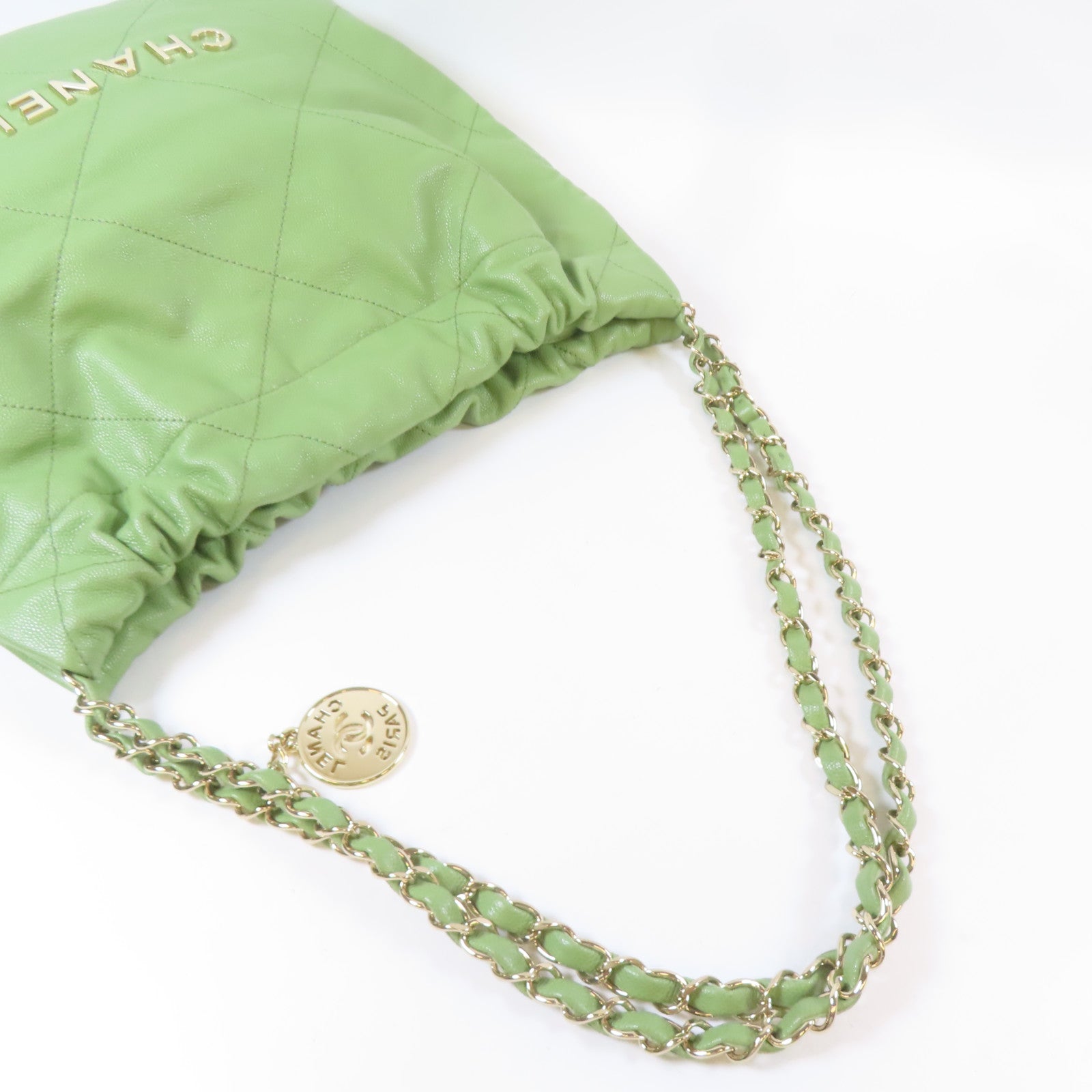 CHANEL 菱格Caviar皮革Chain Shoulder C22金扣鏈帶肩背袋綠色