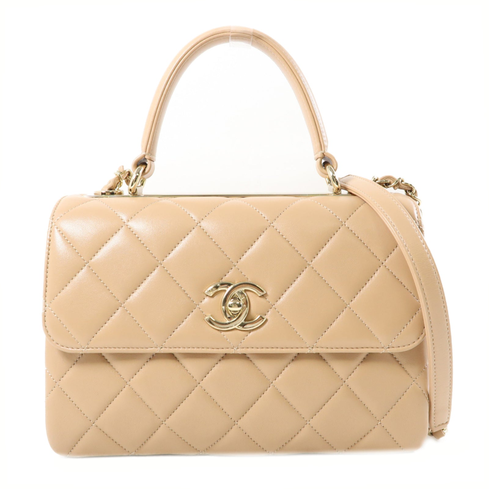 CHANEL 牛皮皮革Chain Shoulder金扣手挽肩背兩用袋米色