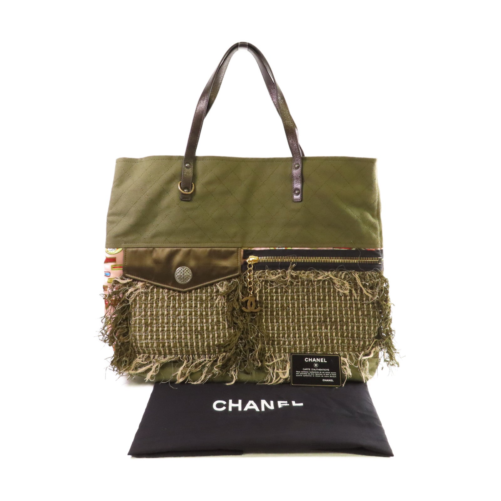 CHANEL 【激減優惠】菱格帆布Tote Bag金扣肩背袋綠色