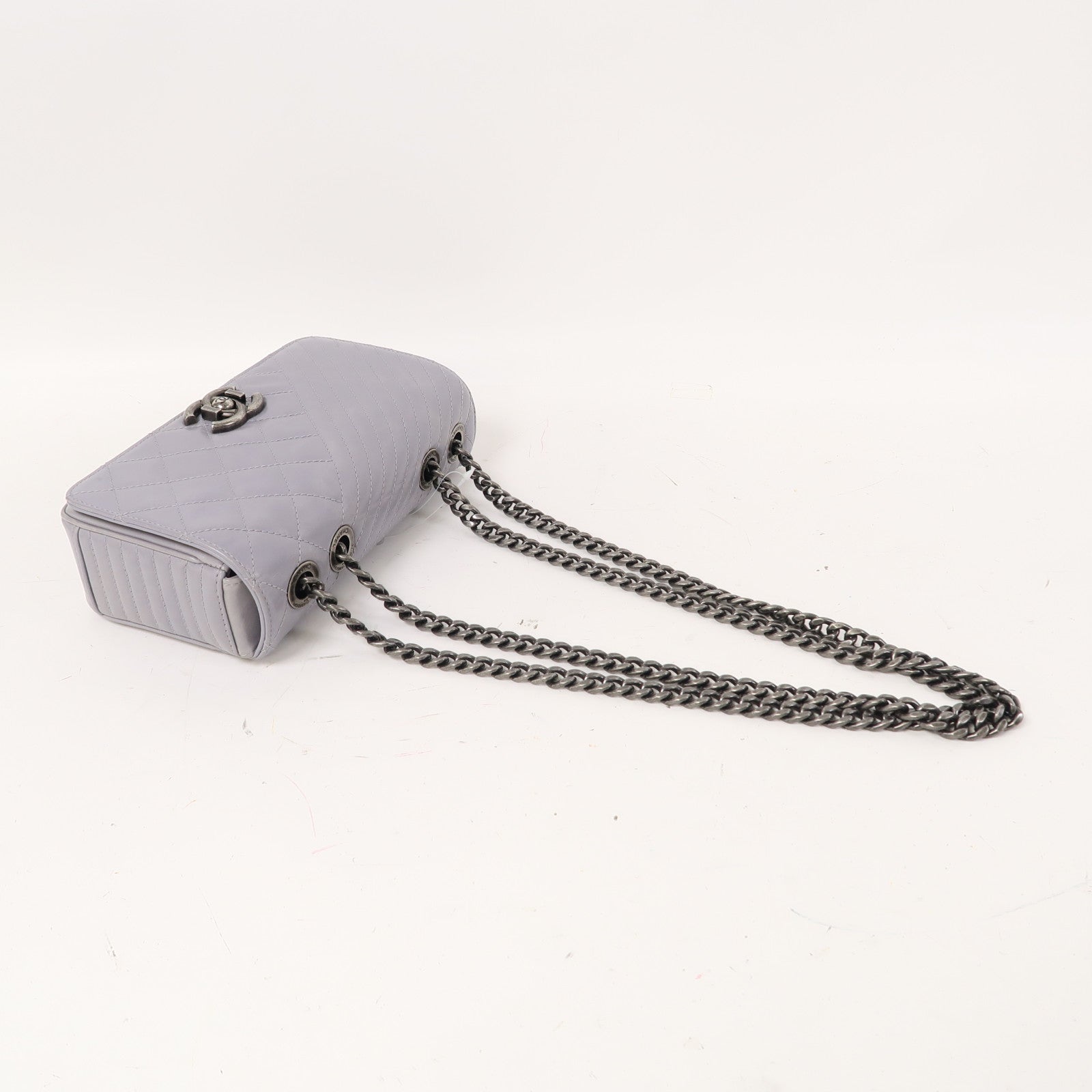 CHANEL 【激減優惠】牛皮皮革Chain Shoulder銀扣鏈帶肩背袋灰色