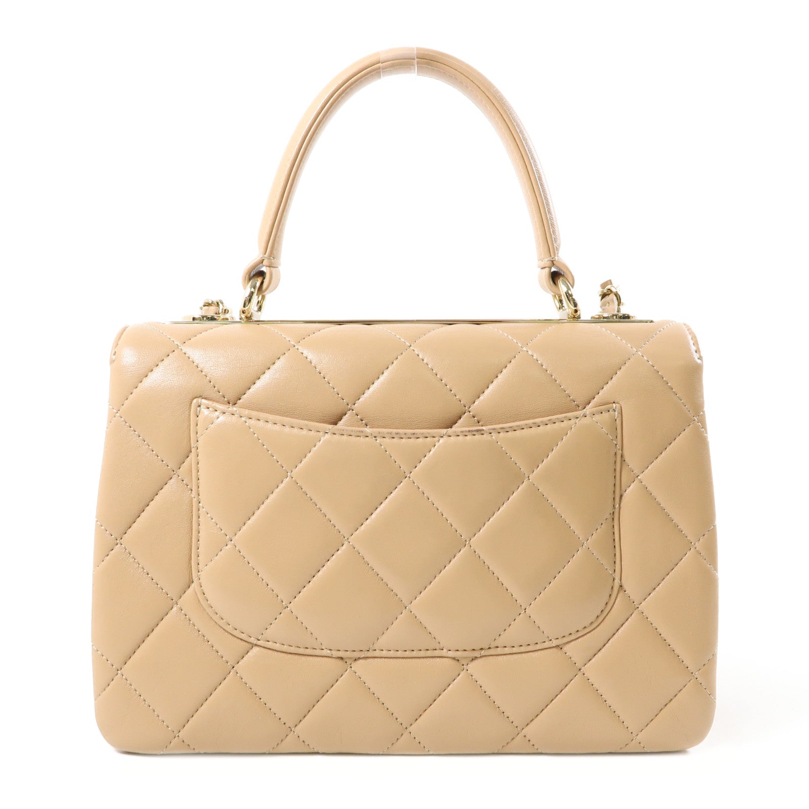 CHANEL 牛皮皮革Chain Shoulder金扣手挽肩背兩用袋米色