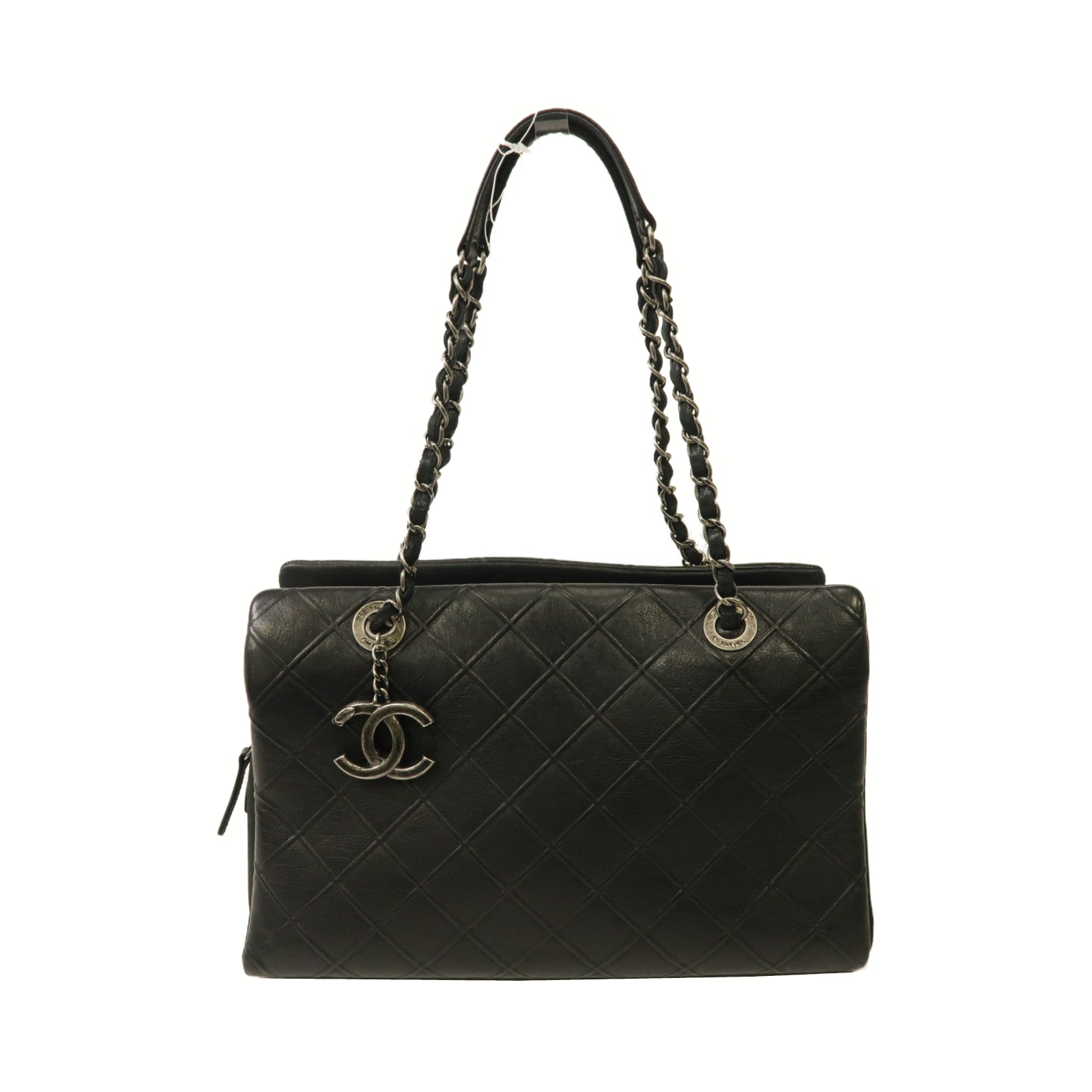 CHANEL 【激減優惠】菱格牛皮皮革Chain Shoulder銀扣肩背袋黑色