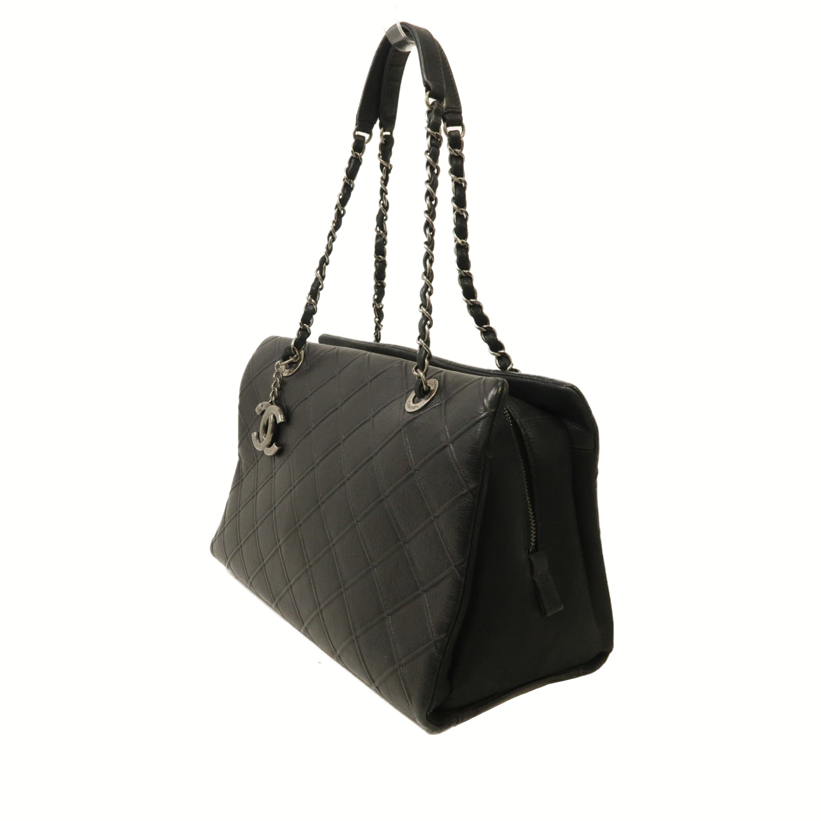 CHANEL 【激減優惠】菱格牛皮皮革Chain Shoulder銀扣肩背袋黑色